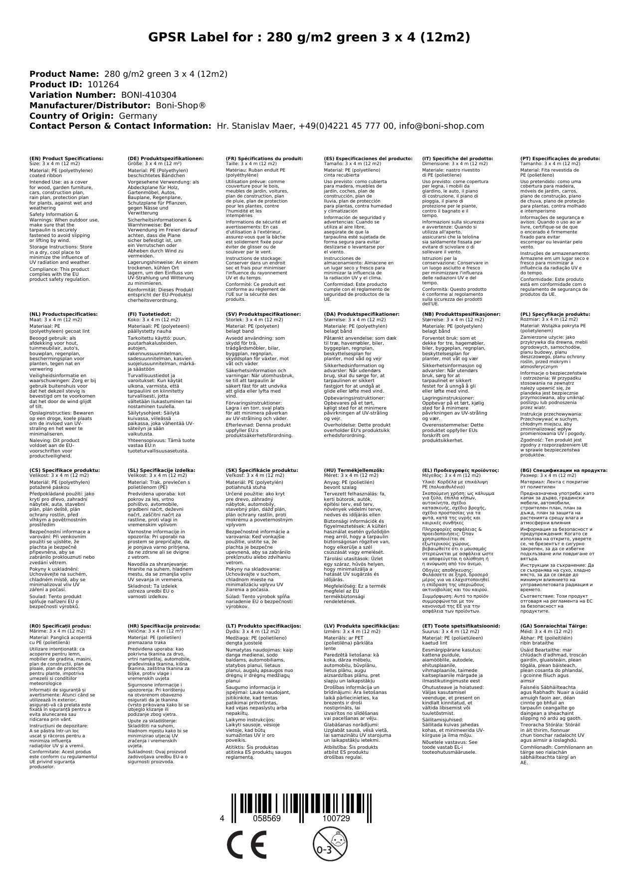 Abdeckplane, grün, 280g/m², wasserdicht, reissfest, UV-stabil, 3 x 4m (12m²)