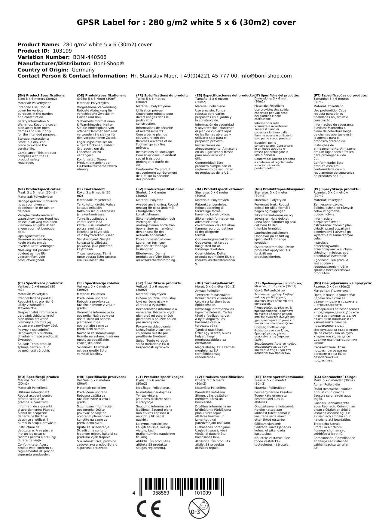 Abdeckplane 280g/m², weiss, wasserdicht, reißfest, 5x6m (30m²)