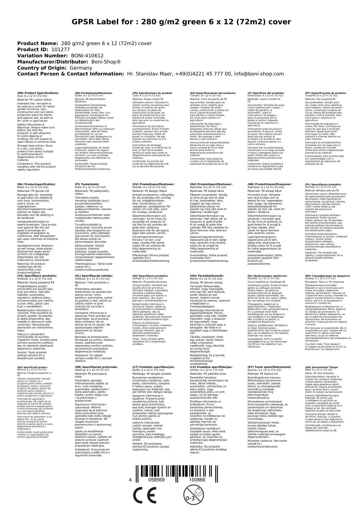 Abdeckplane, 280 g/m², grün, 6 x 12 (72m²), wasserdicht, reißfest