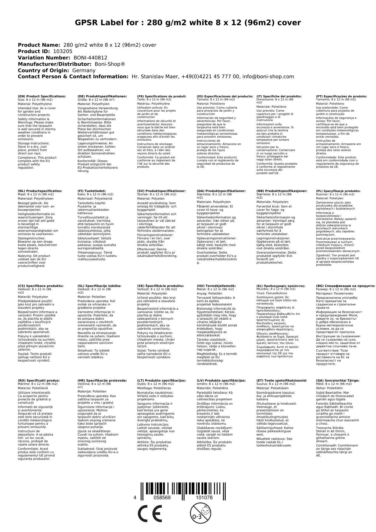Abdeckplane 280 g/m², 8 x 12 (96m²), weiss, wasserdicht, reißfest, Gewebeplane