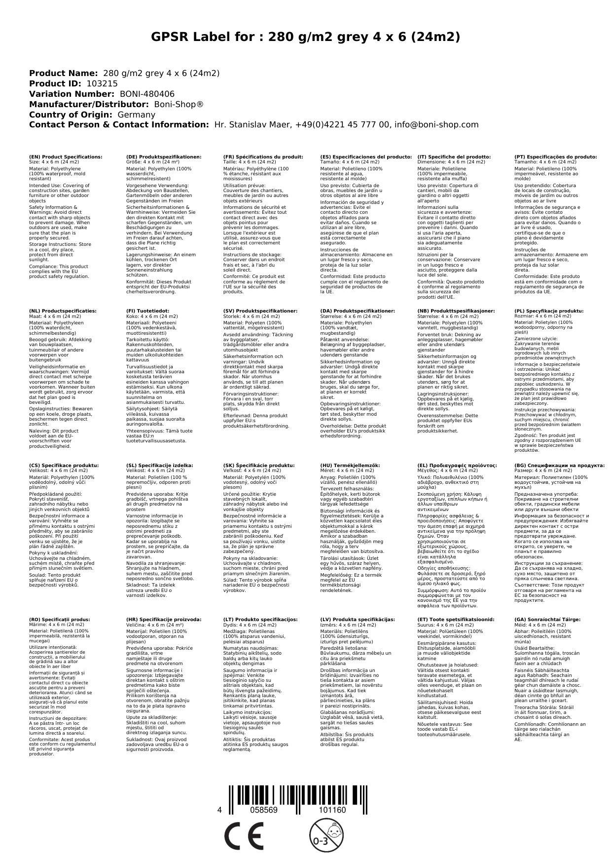 Abdeckplane 280g/m², 4x6m (24m²), grau, wasserdicht, reißfest, Gewebeplane