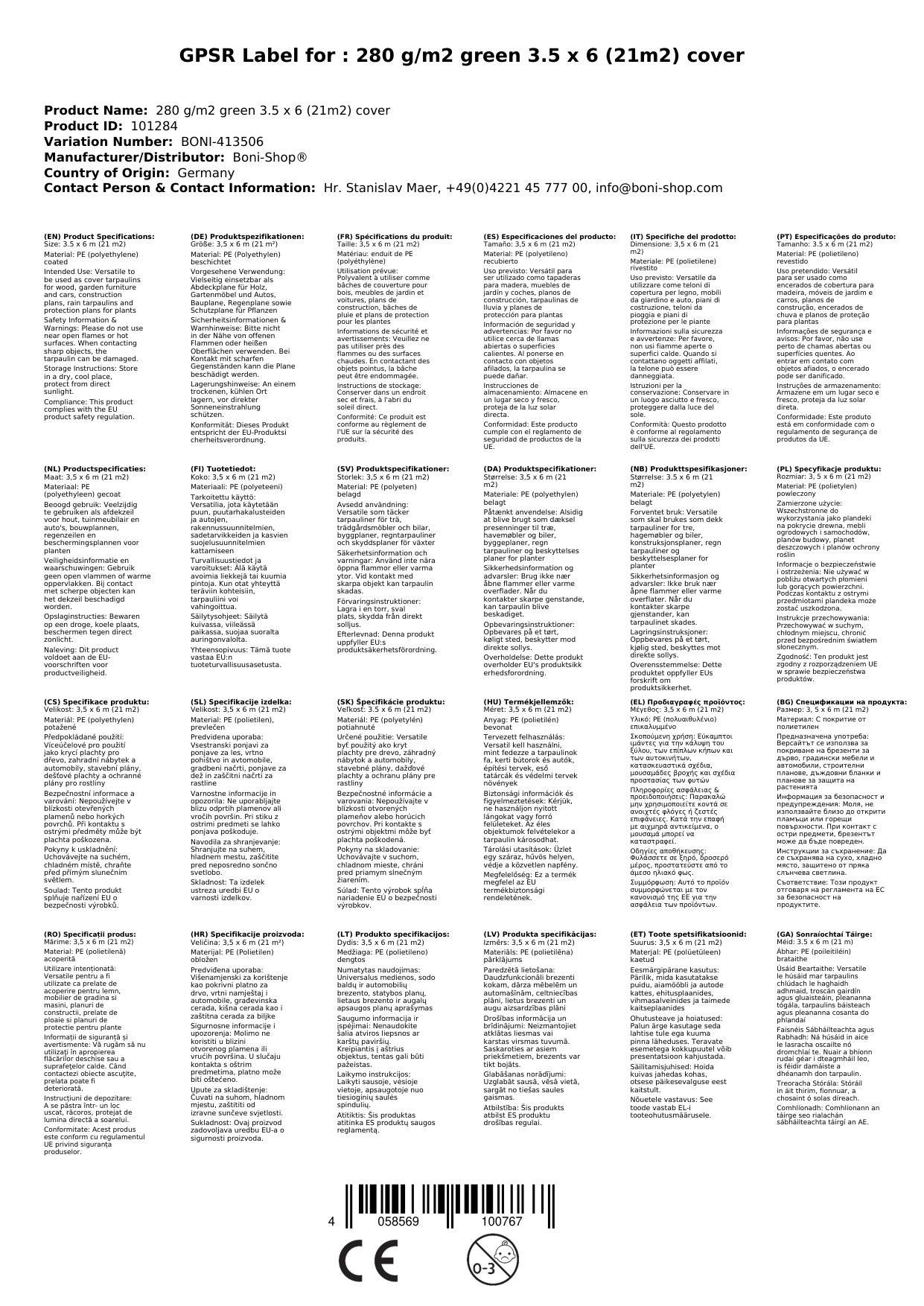 Abdeckplane grün, 280 g/m², 3,5 x 6 m (21m²), Gewebeplane