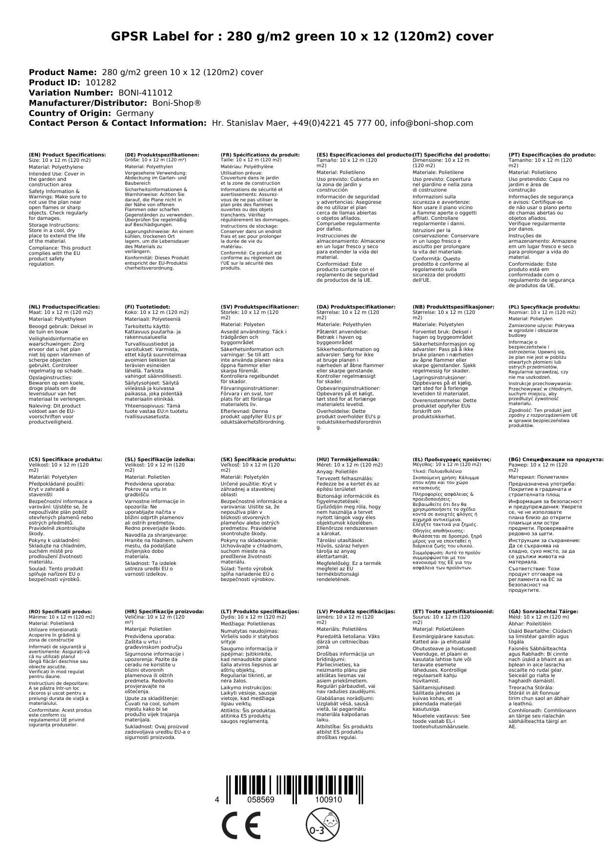 Abdeckplane 280g/m², grün, wasserdicht, reißfest, UV-stabil, 10x12m (120m²)