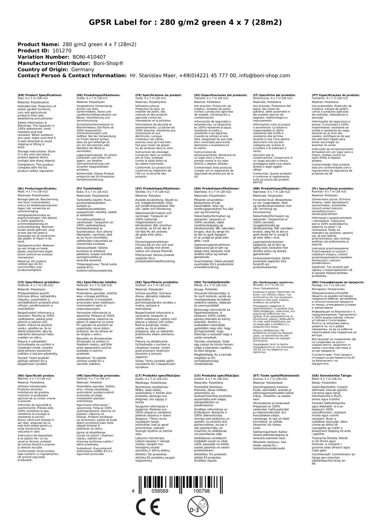 Abdeckplane, grün, 280g/m², wasserdicht, reißfest, 4 x 7m (28m²)