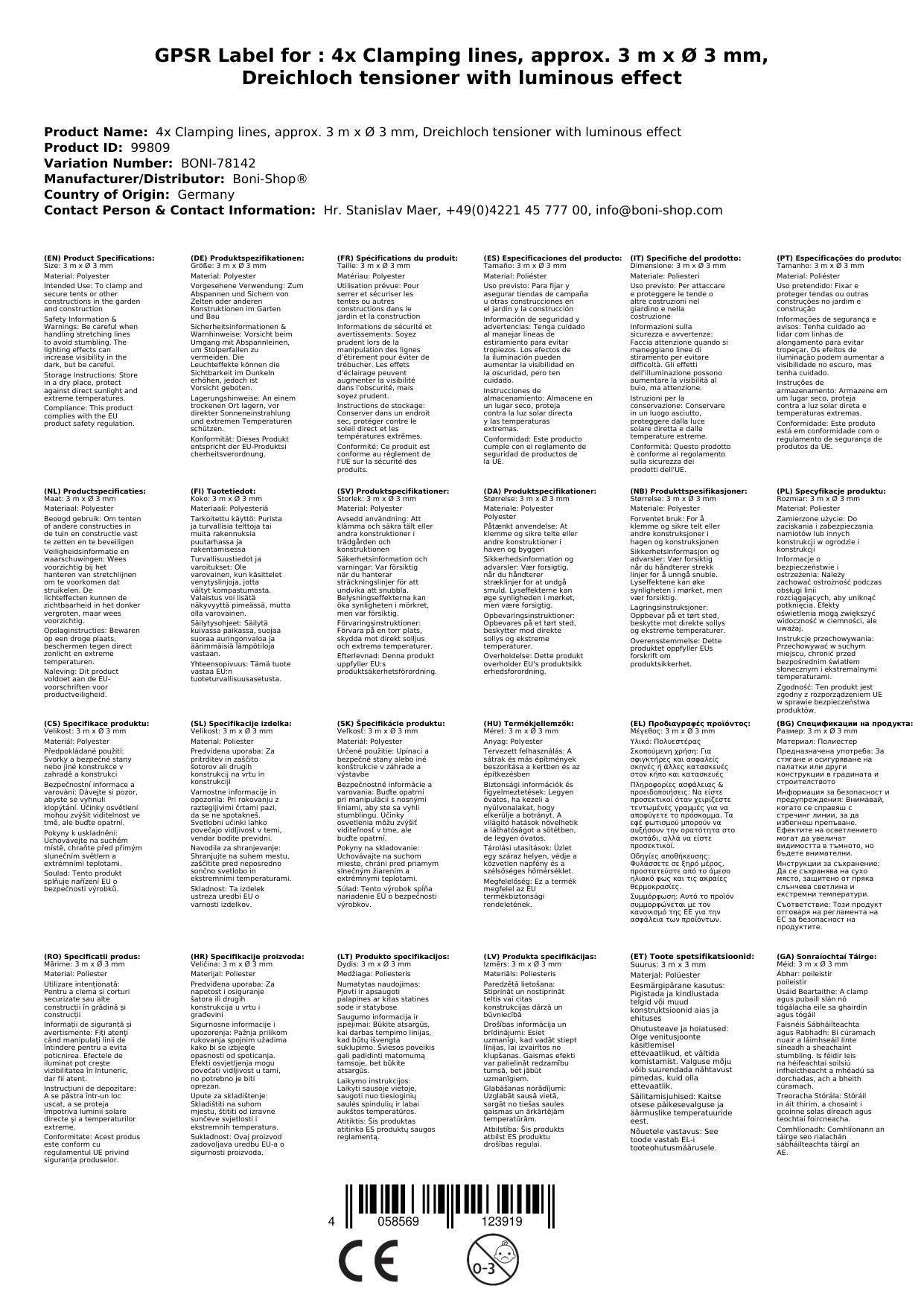 Abspannleinen Set, 4x Zelt Abspannleinen 3m, reflektierend, Dreichlochspanner