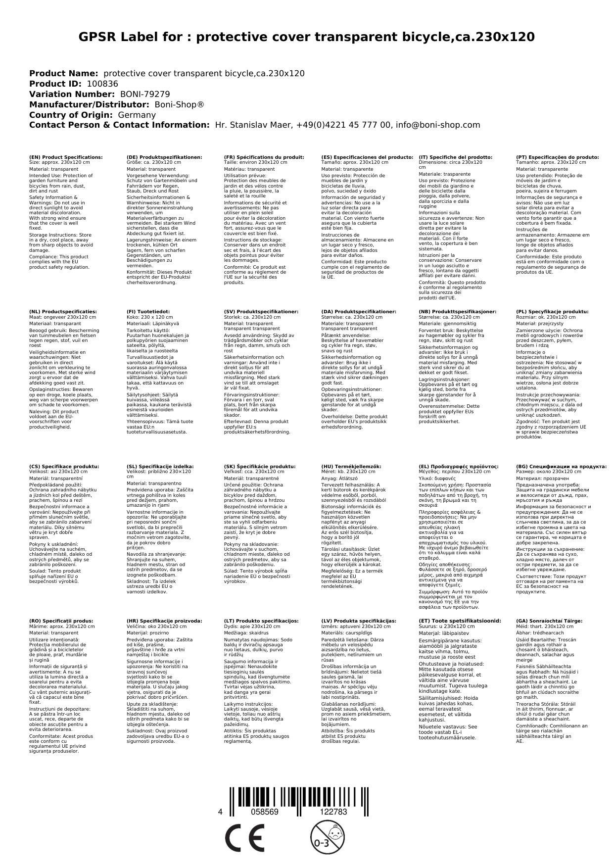 Fahrrad Abdeckung transparent 230x120cm, Fahrrad Schutzhülle, Abdeckplane