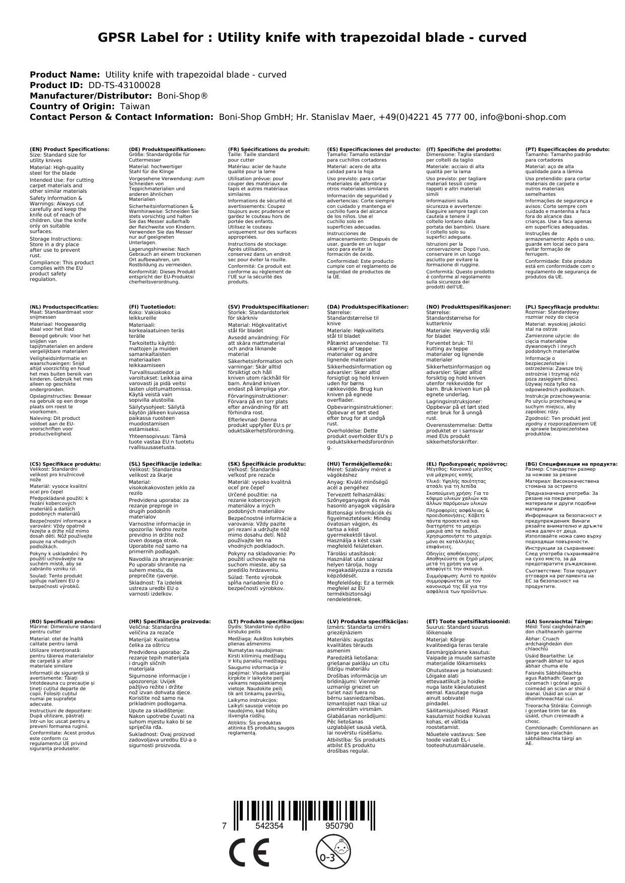 Cuttermesser Trapezklinge, gebogen, Teppichmesser, Profi