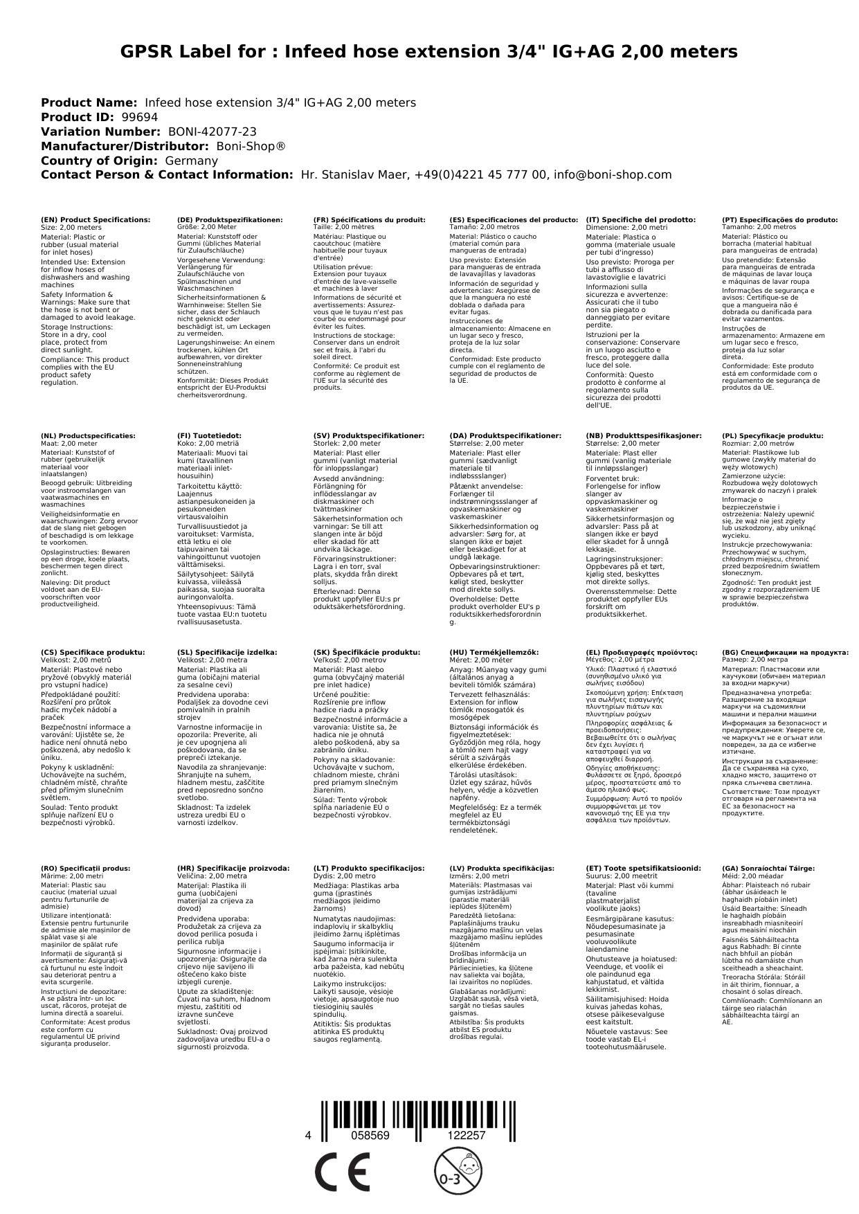 Zulaufschlauch Verlängerung, Waschmaschine/Spülmaschine, 3/4 Zoll IG+AG, 2m