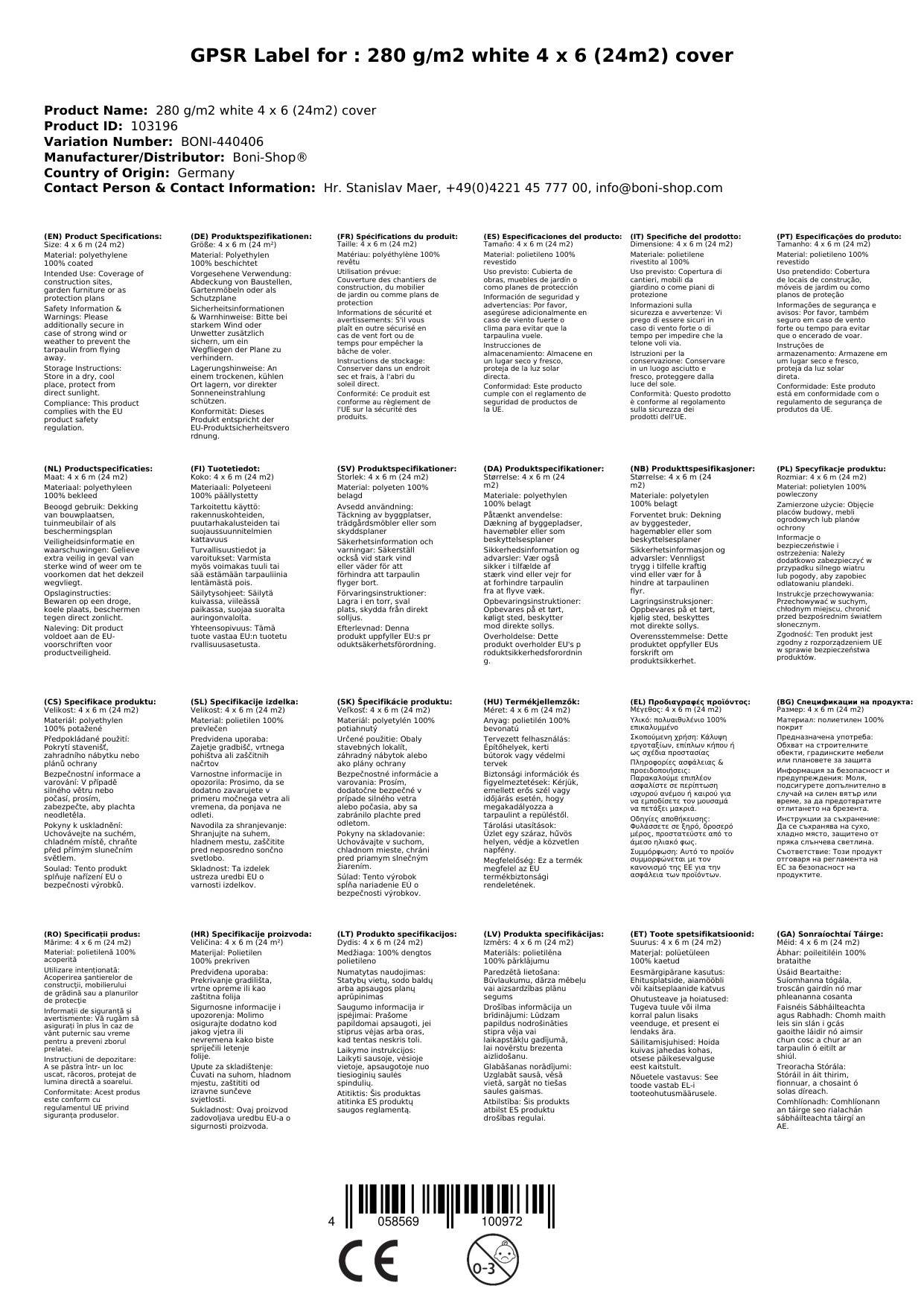 Abdeckplane 280g/m², 4x6m, 24m², weiß, wasserdicht und UV-stabil