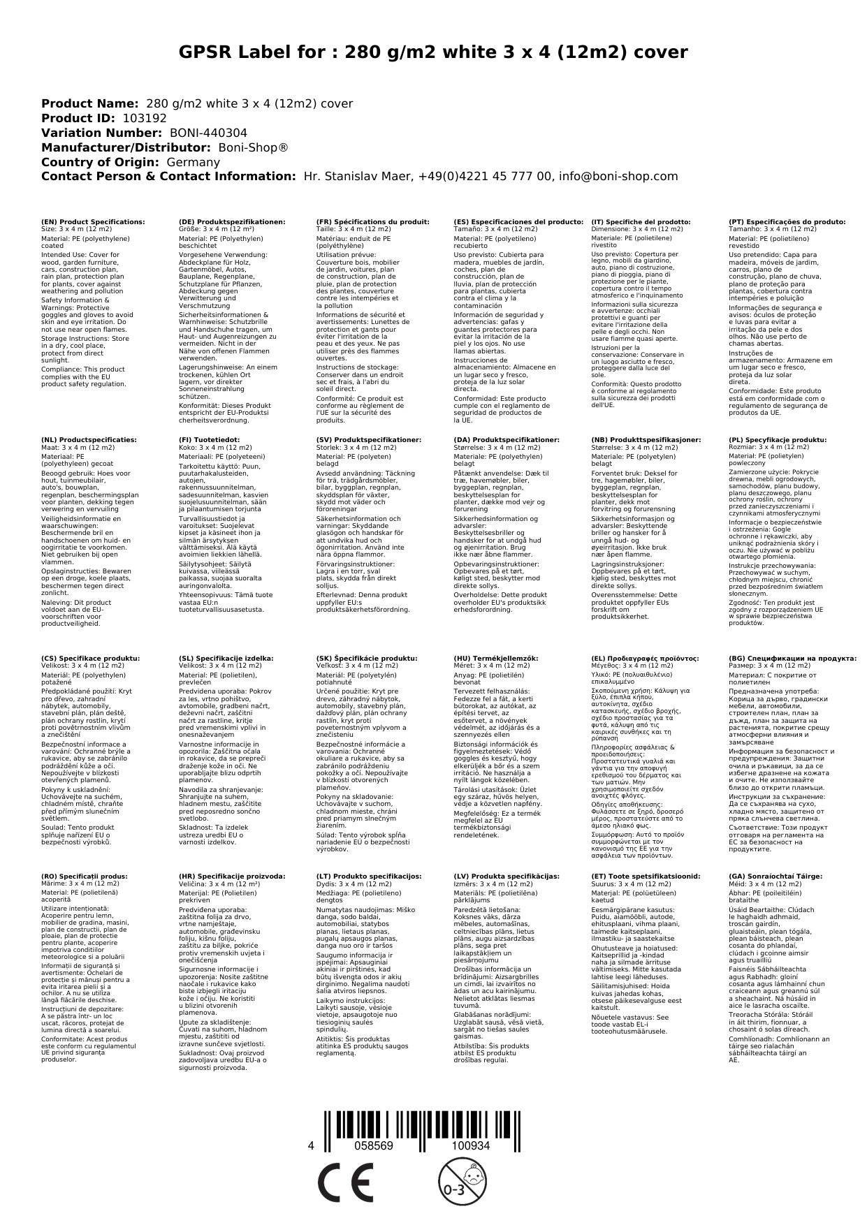 Abdeckplane 280 g/m², 3x4m (12m²), wasserdicht, reißfest, weiß