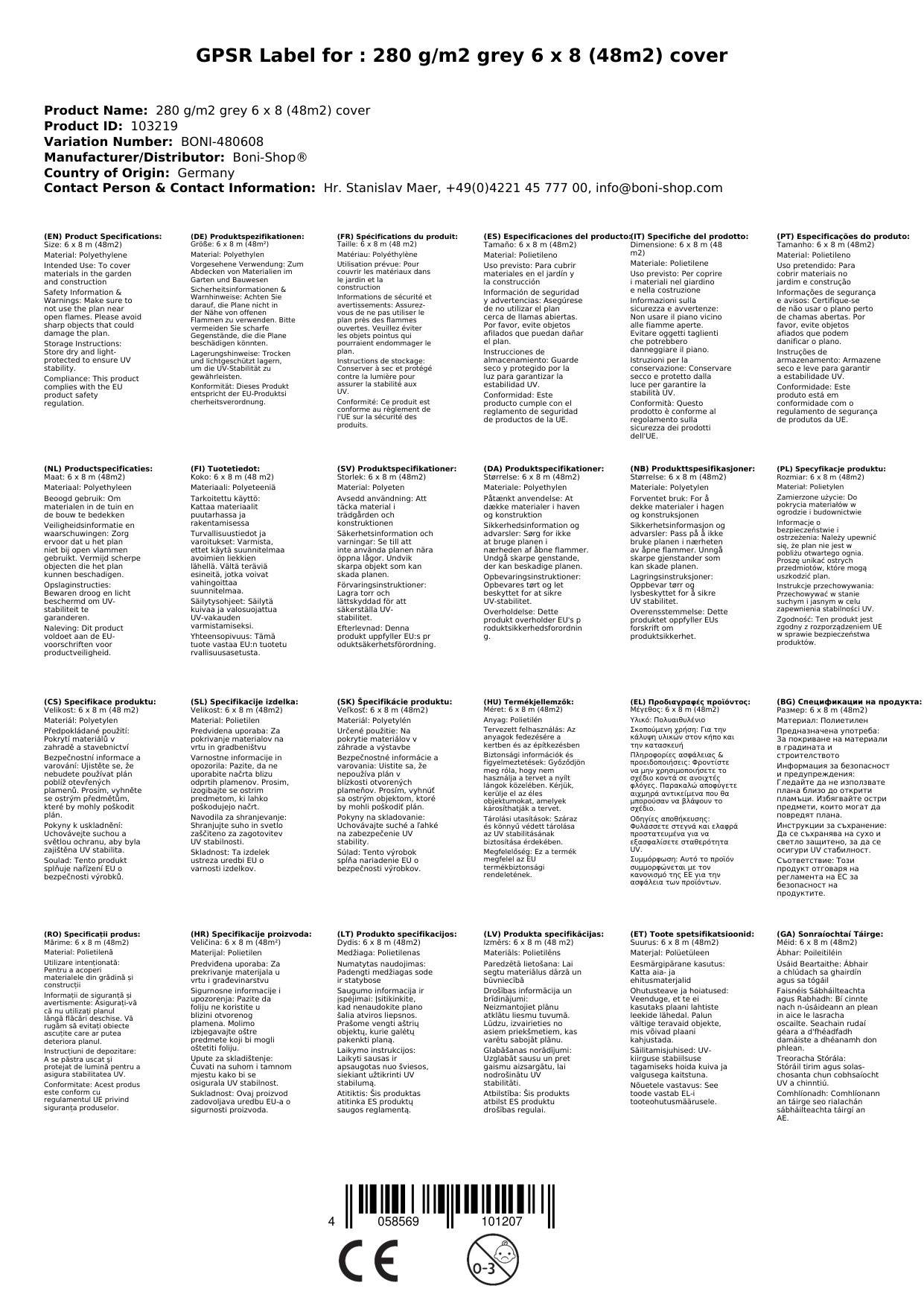 Abdeckplane 280 g/m², grau, wasserdicht, reißfest, UV-stabil, 6x8m (48m²)