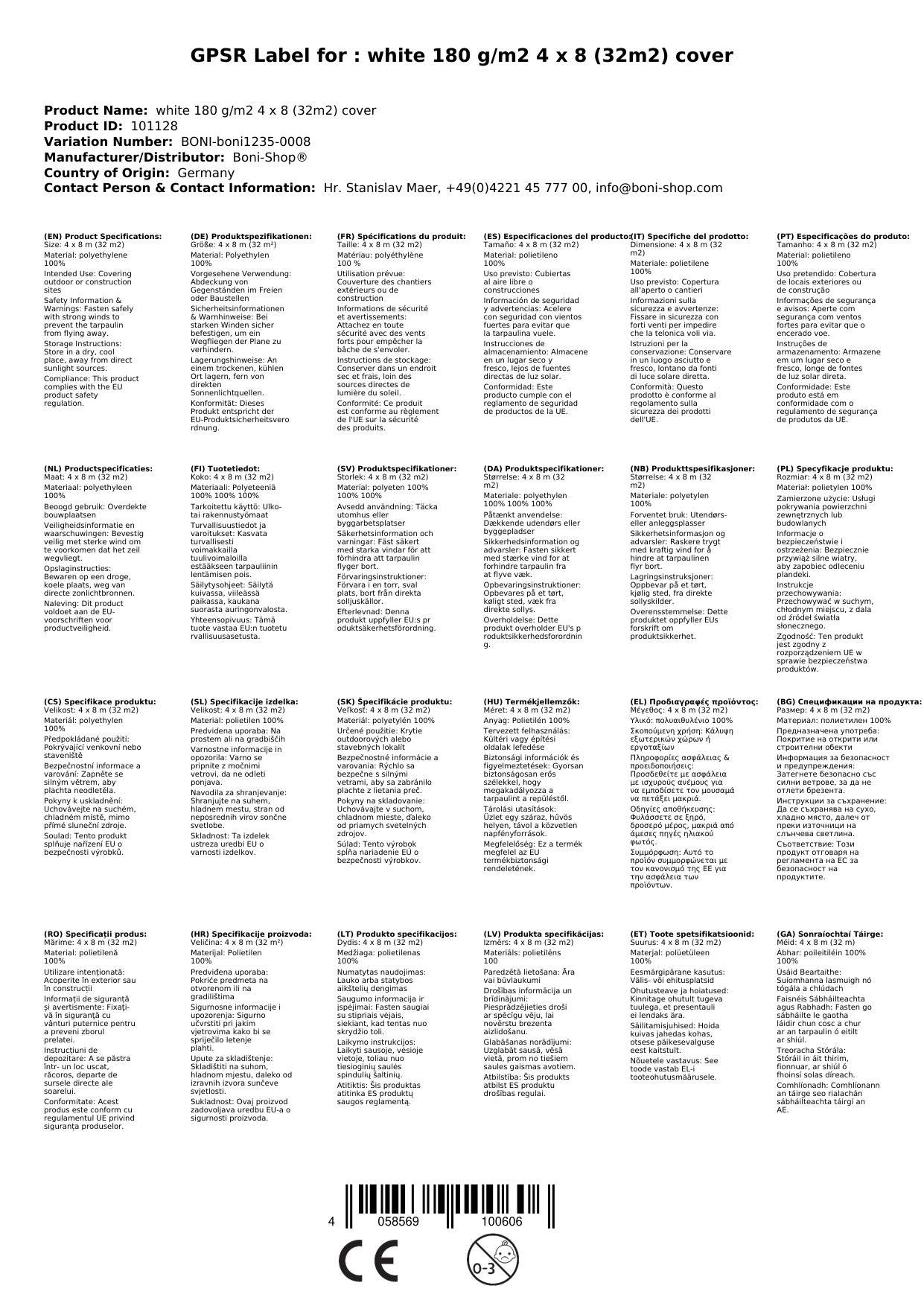 Abdeckplane 4x8m, 32m², weiß, 180 g/m², wasserdicht, reißfest