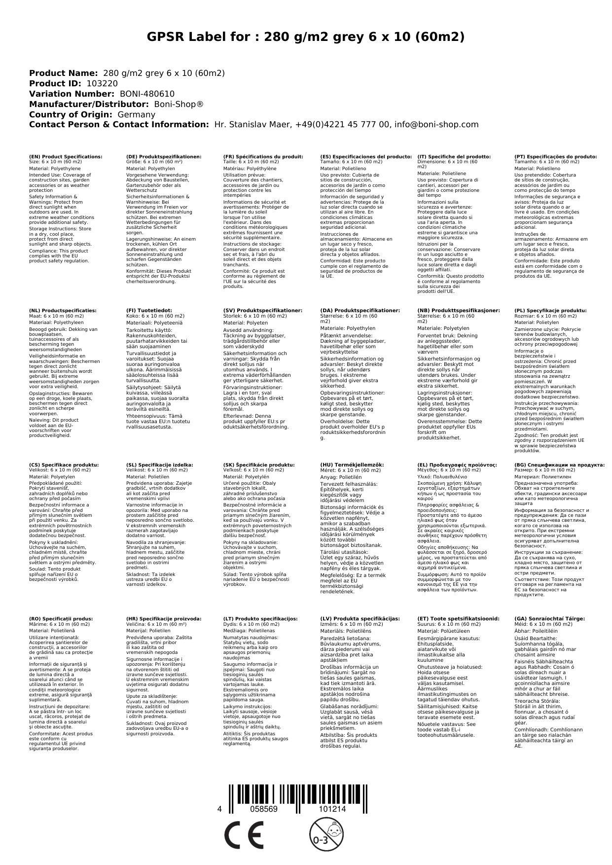 Abdeckplane 280 g/m², grau, wasserdicht, reißfest, 6x10 (60m²)