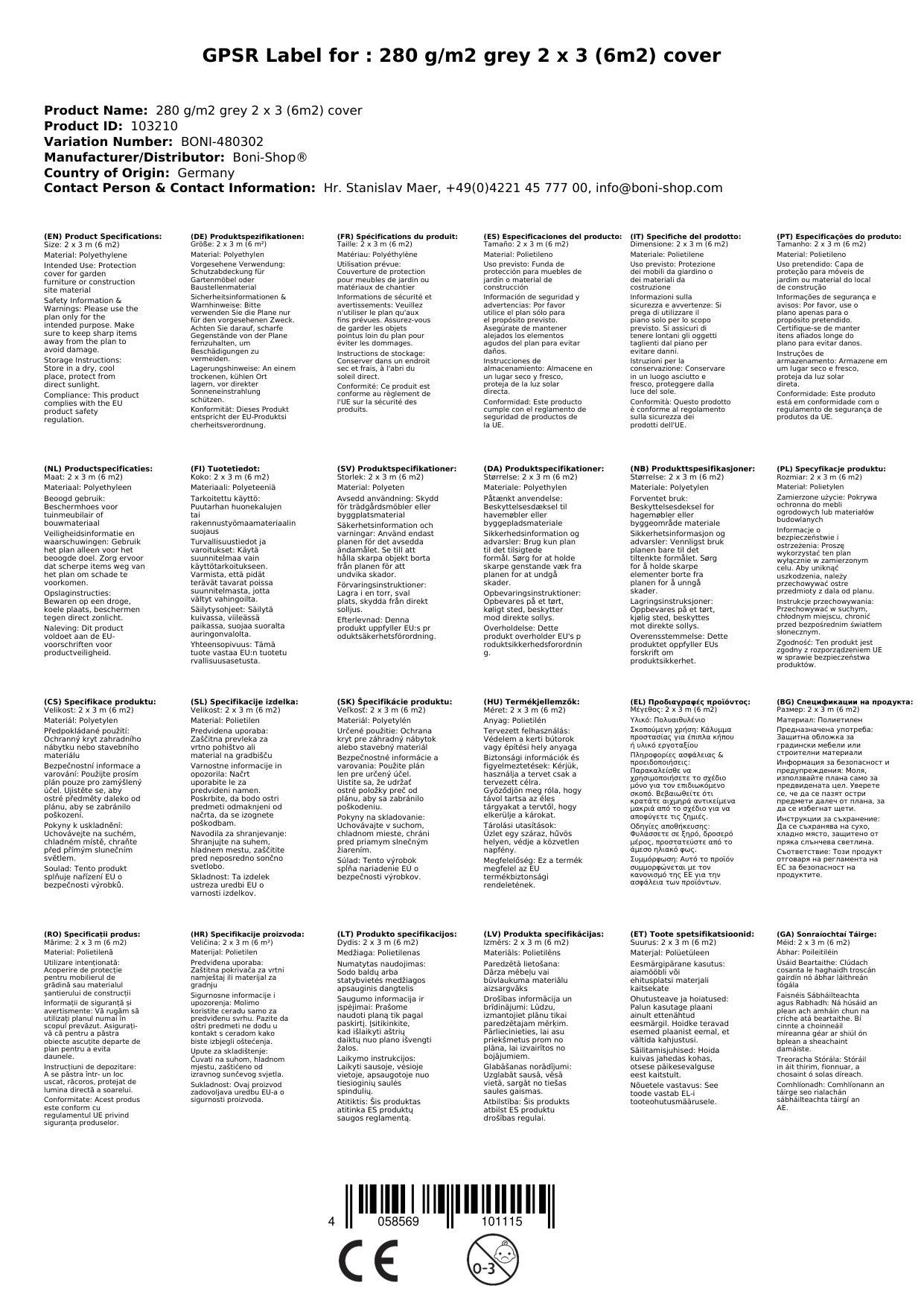 Abdeckplane grau 280 g/m², 2x3 (6m²), wasserdicht, reißfest, UV-stabil