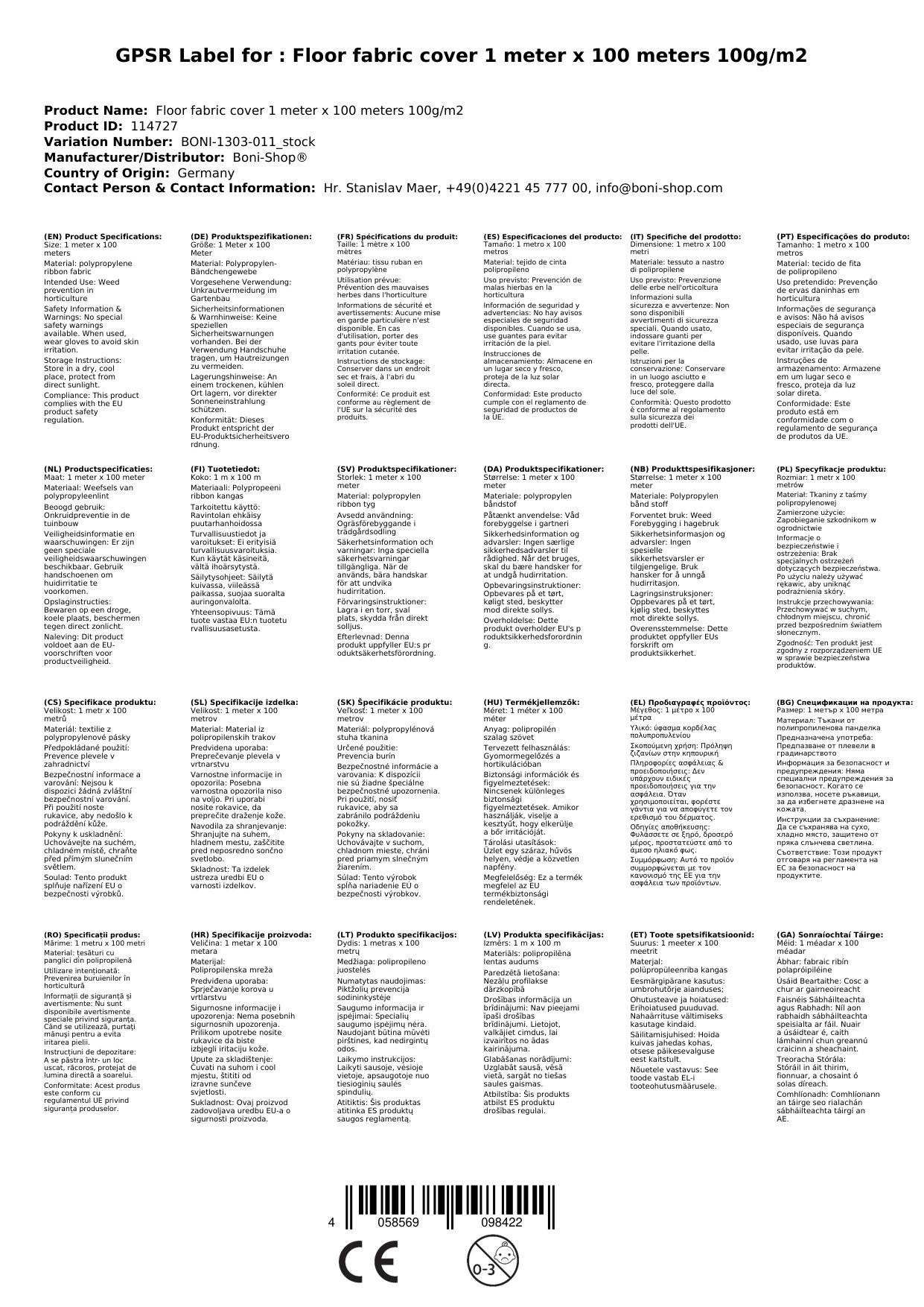 Unkrautvlies, Bodengewebe, Abdeckvlies, 100g/m², 1x1 Meter