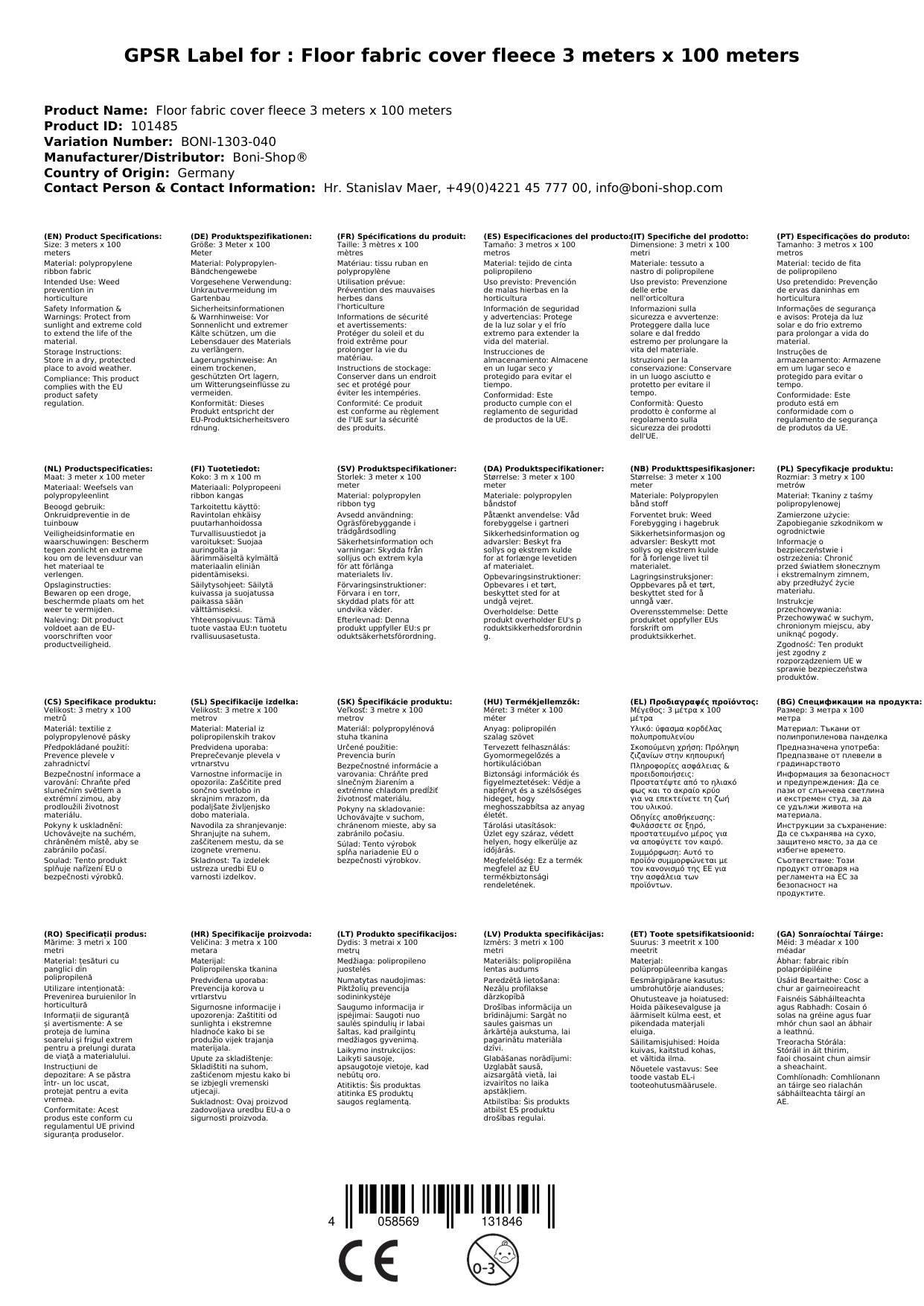 Bodengewebe Abdeckvlies 3 Meter x 100 Meter