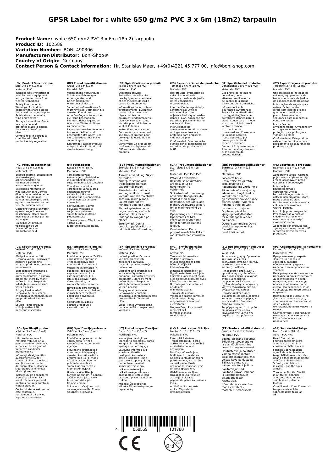 Abdeckplane, Gewebeplane, PVC Plane, 3x6m, weiß, Boni-Shop