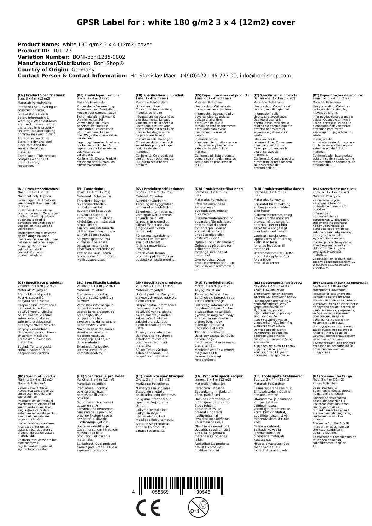 Abdeckplane 3x4m, weiß, 180g/m², wasserdicht und reissfest