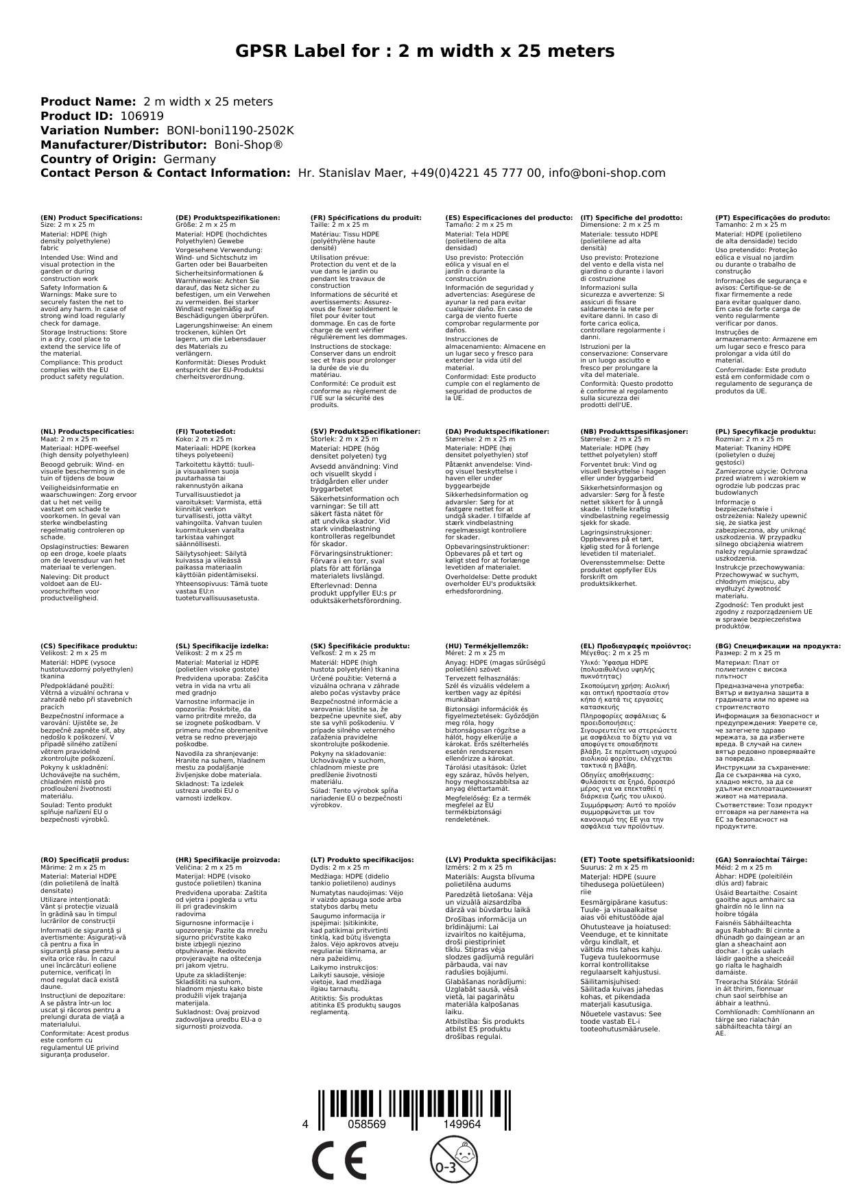Wind- u. Sichtschutznetze 2 m Breite x 25 Meter