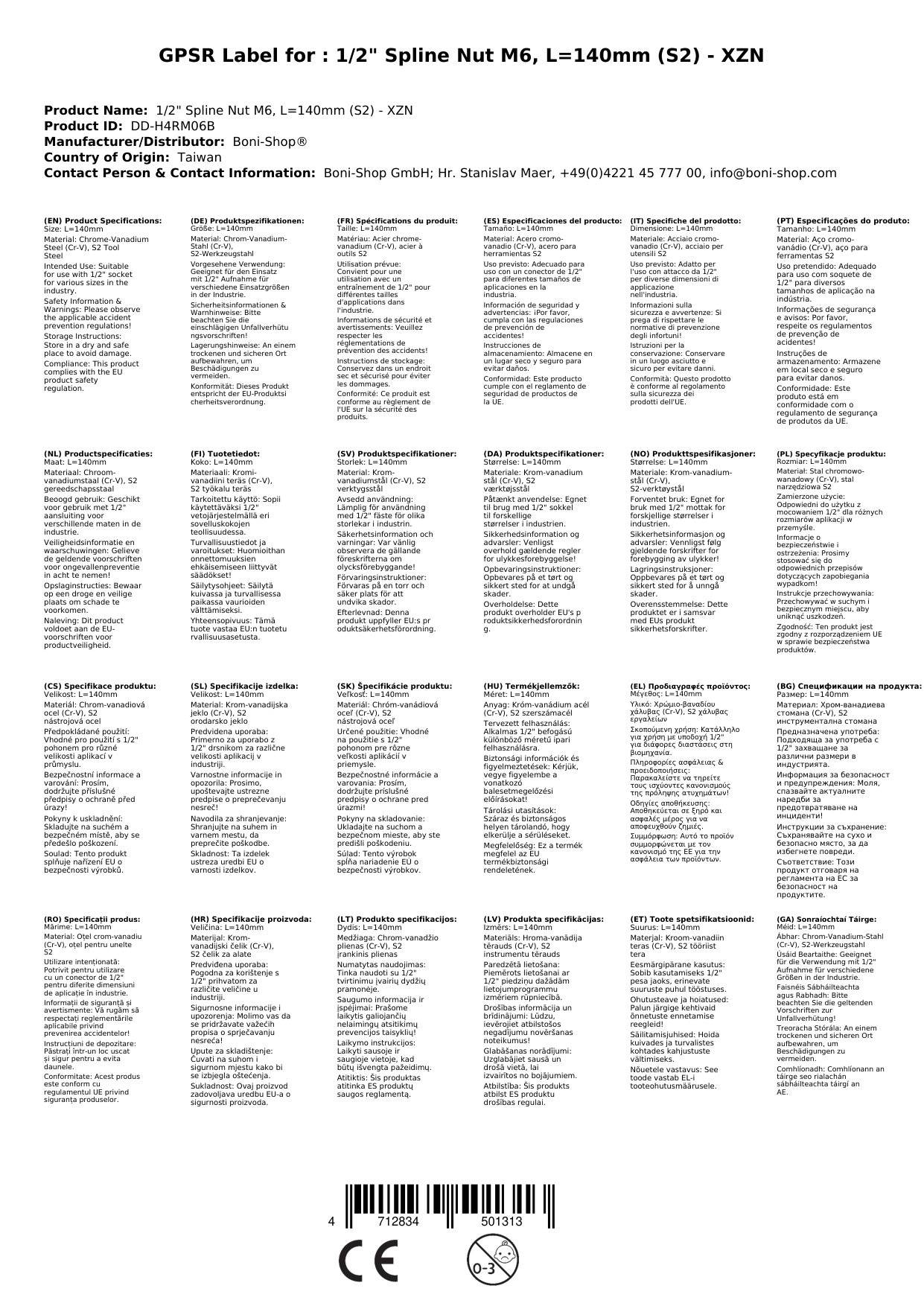 XZN Nuss, 1/2 Zoll Vielzahn Nuss M6, Langnuss 140mm, Industriequalität