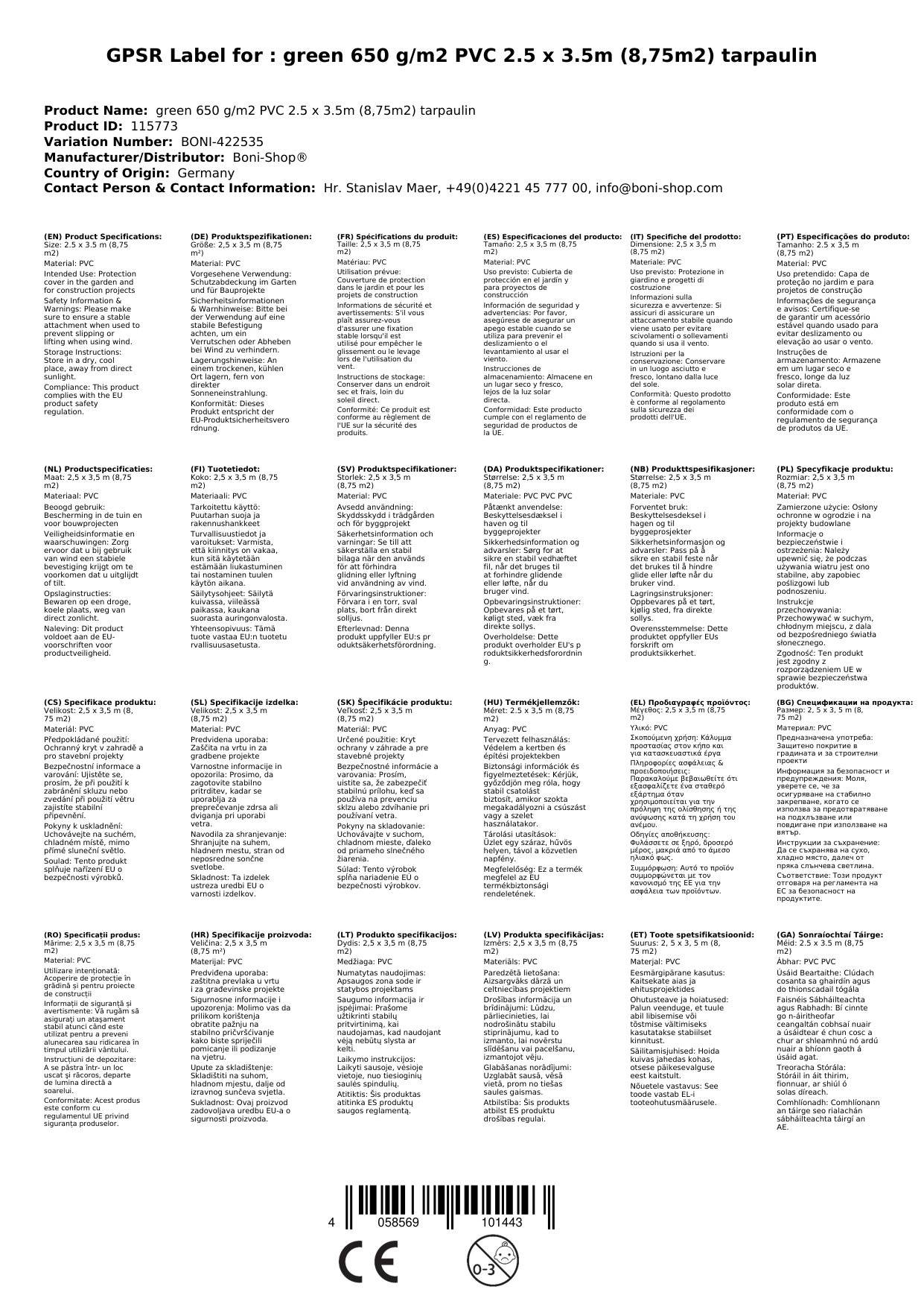 grün 650 g/m² PVC 2,5 x 3,5m (8,75m²) Plane