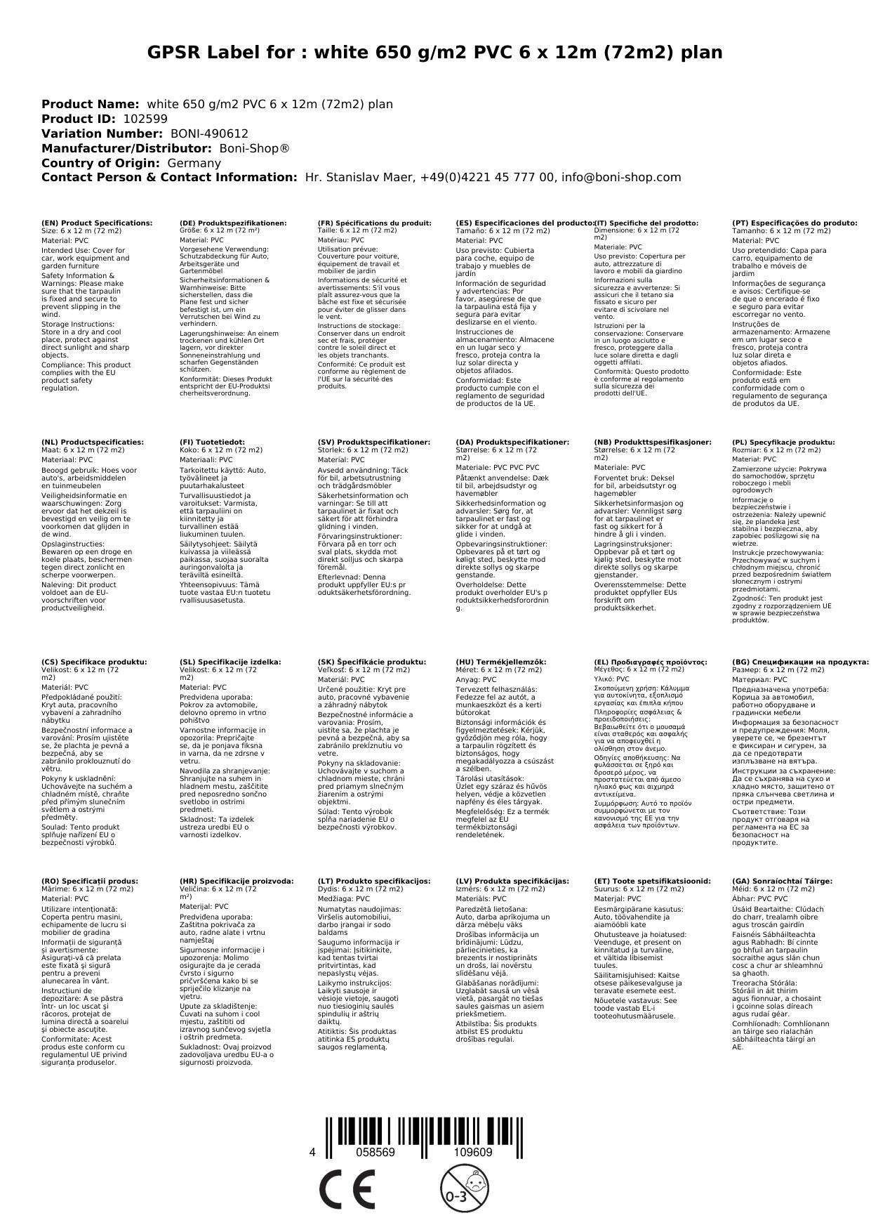 Abdeckplane 650 g/m², PVC Plane 6x12m (72m²), weiß, wasserdicht, Gewebeplane
