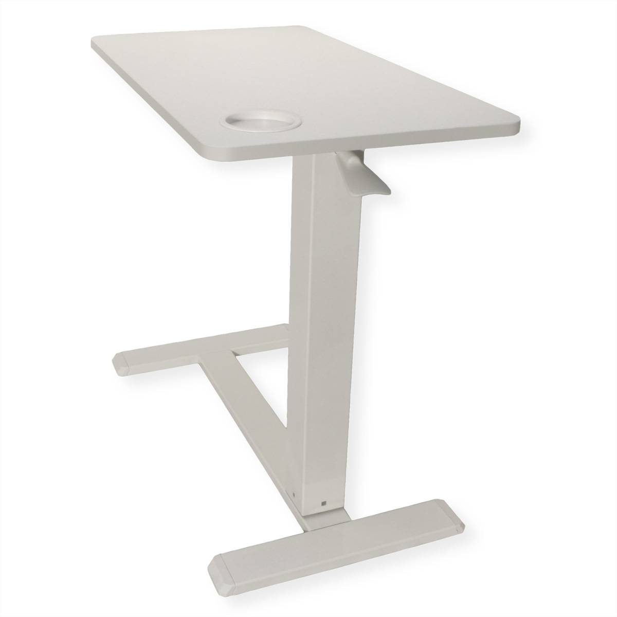 Ein moderner, höhenverstellbarer weißer Schreibtisch mit schlankem Design, zwei Stützbeinen und einem Kabelmanagement-Loch auf der Oberfläche.