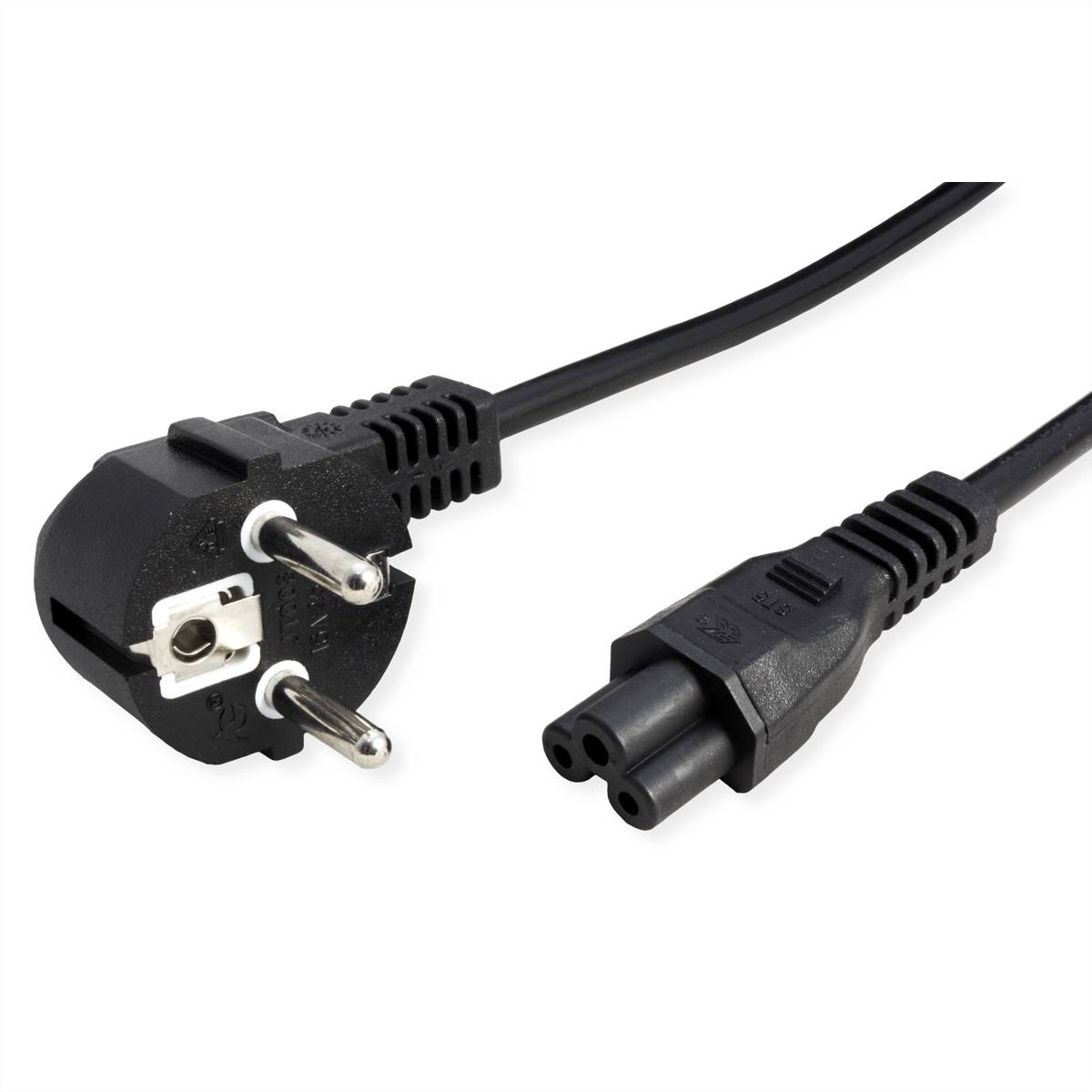 Ein schwarzes europäisches Stromkabel mit einem zweipoligen Stecker an einem Ende und einem dreipoligen Gerätestecker am anderen Ende, das zum Anschluss von Geräten an Steckdosen verwendet wird.