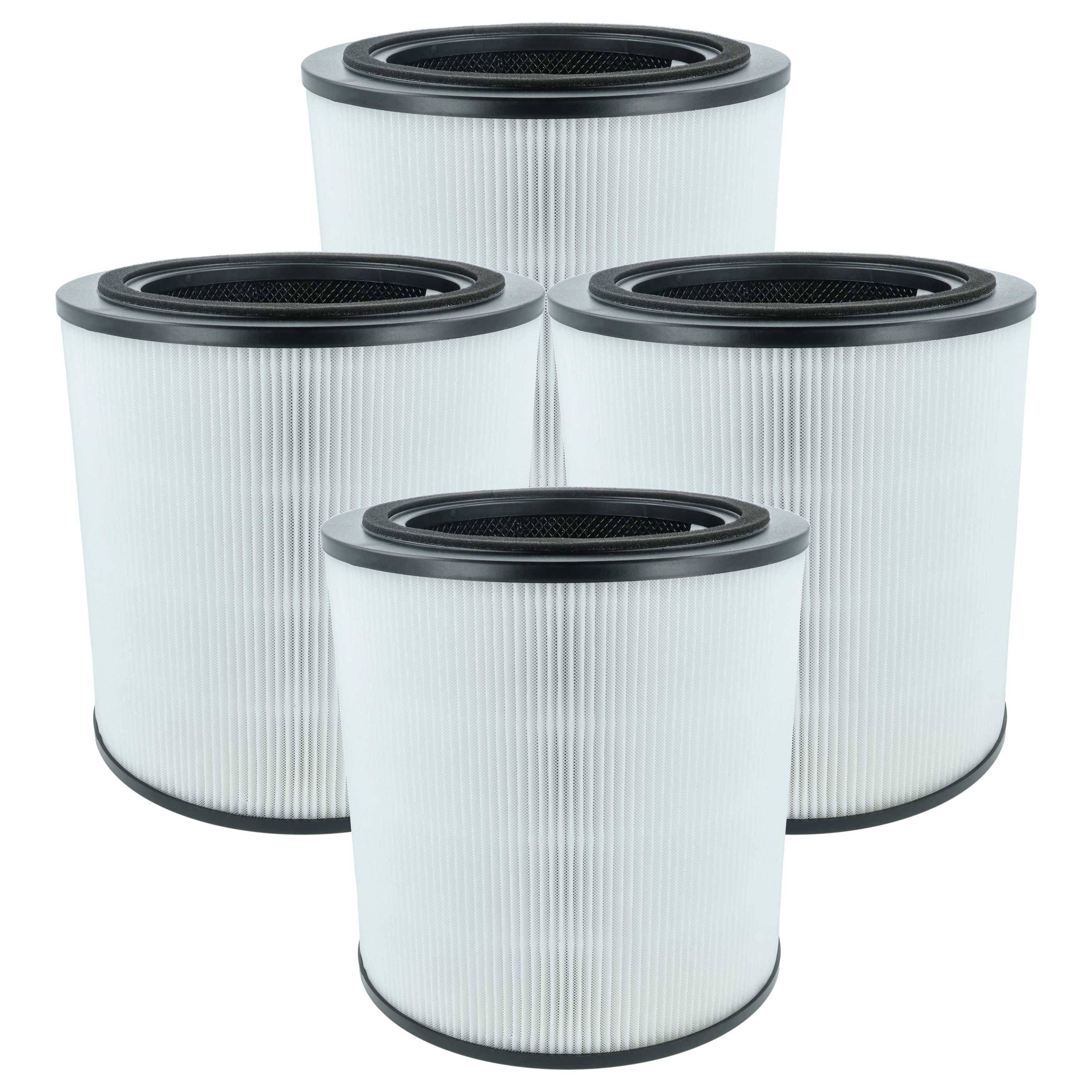 Vier zylindrische Luftfilter mit weißen Faltenflächen und schwarzen Rändern, in einem Gitterlayout angeordnet.
