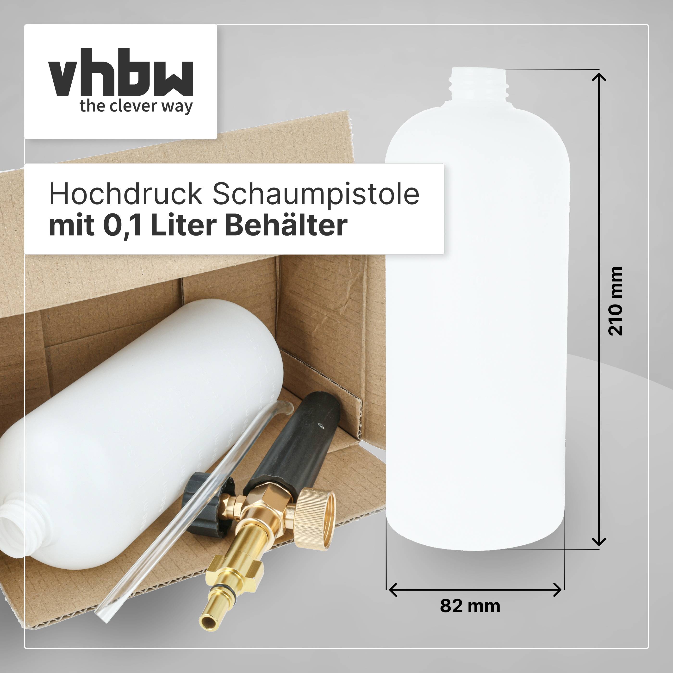 Produktabbildung einer Hochdruck-Schaumspritzpistole mit 0,1-Liter-Behälter, dargestellt mit einer weißen Flasche und Größenangaben von 210 mm Höhe und 82 mm Breite.