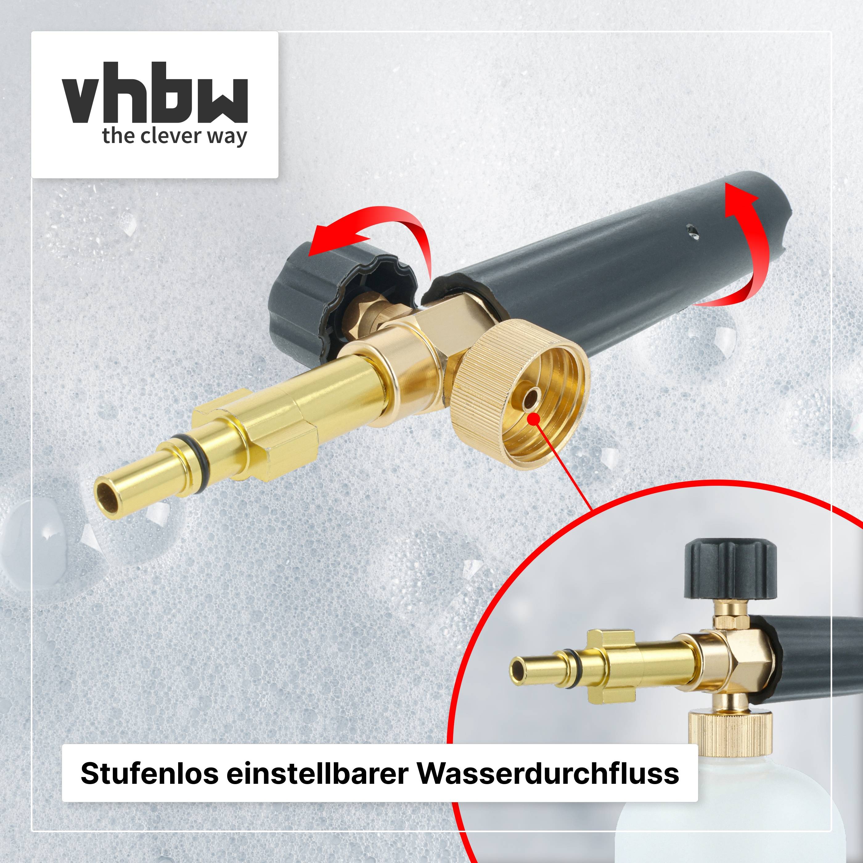 Einstellbare Wasserdurchfluss-Düse mit Schlauchanschluss, dargestellt beim Drehen zur Variation des Sprühflusses. Der Text lautet „Stufenlos einstellbarer Wasserdurchfluss