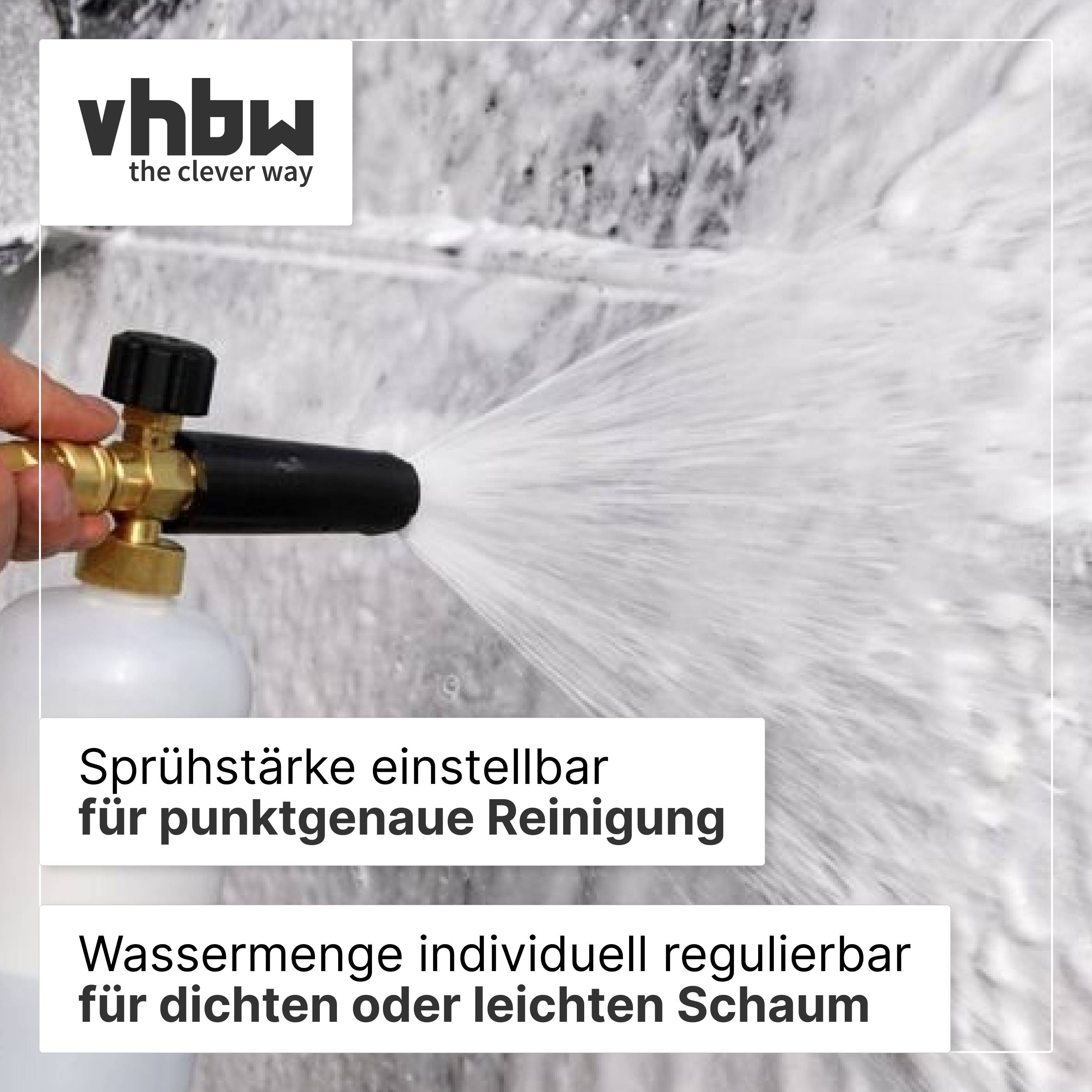 Hand hält eine Sprühdüse mit einstellbarer Sprühstärke; deutscher Text bewirbt präzise Reinigung und individuell regulierbar Wasserdurchfluss für dichtem oder leichtem Schaum.