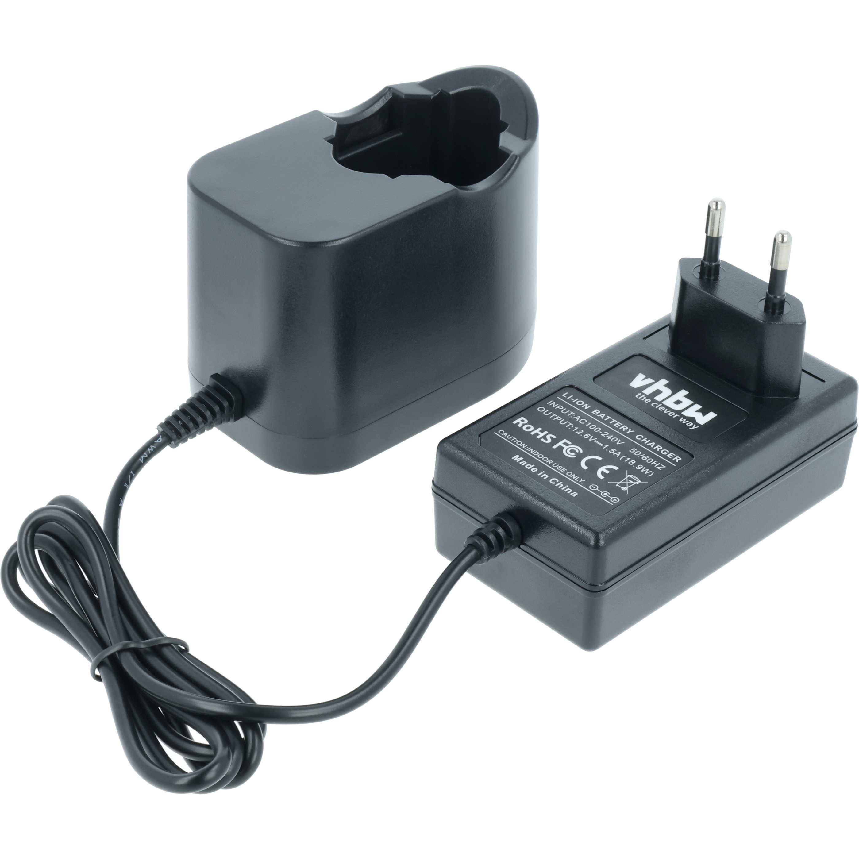 Ein schwarzes Stecker-Batterieladegerät mit europäischem Stecker, mit der Aufschrift „vhbw
