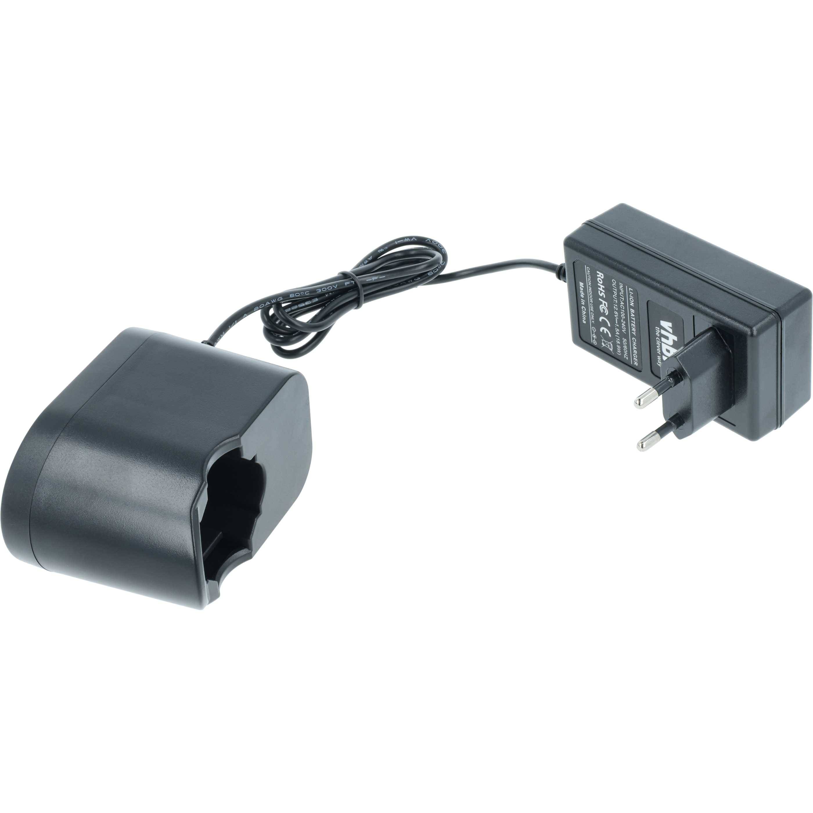 Batterieladegerät mit angebrachtem Stromstecker. Die schwarze Ladegerätbasis ist zum Halten einer Batterie ausgelegt und verfügt über ein angeschlossenes Stromkabel.