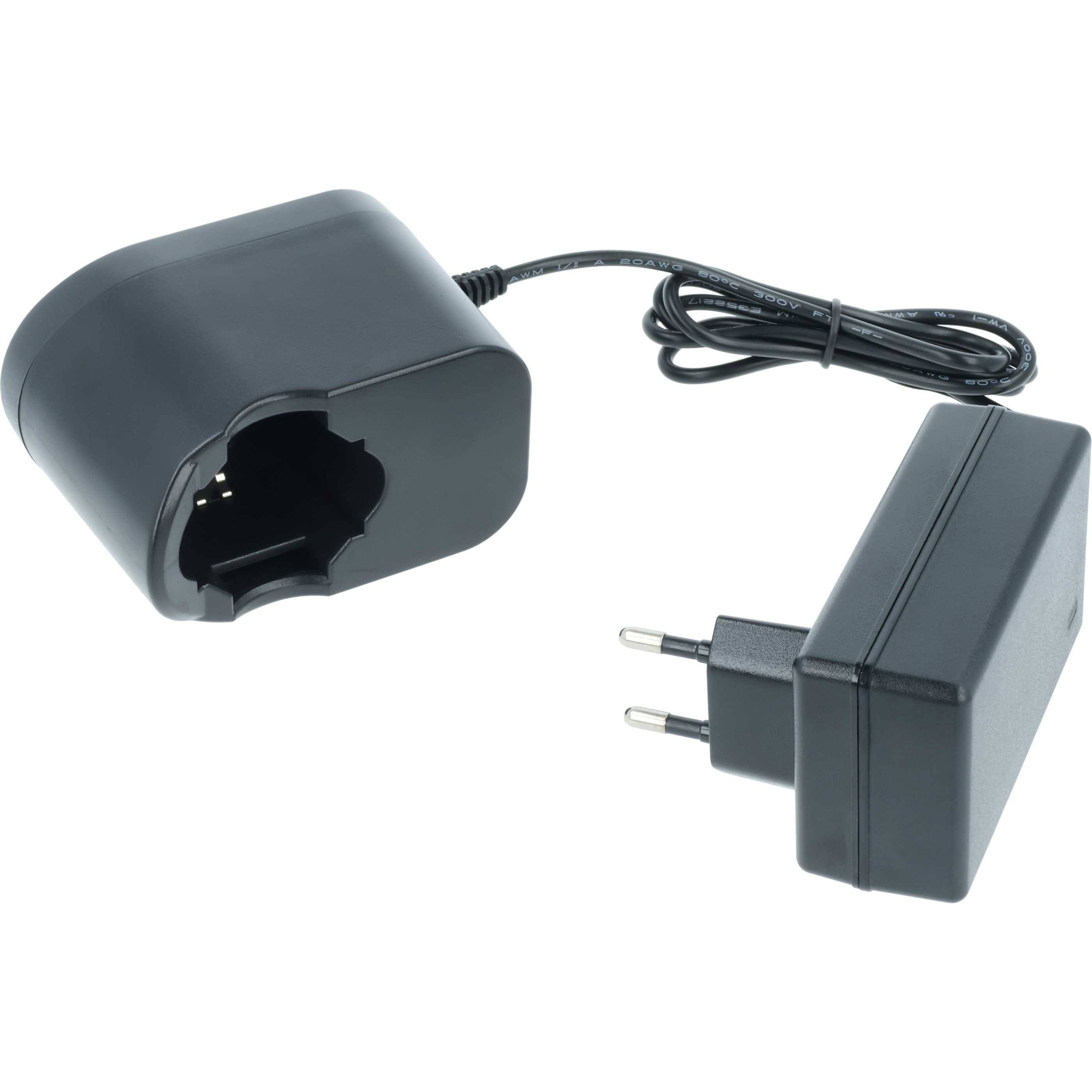 Ein schwarzes Batterieladegerät mit Netzteil und zweipoliger Steckdose, verbunden durch ein Kabel, geeignet zum Aufladen von wiederaufladbaren Batterien.