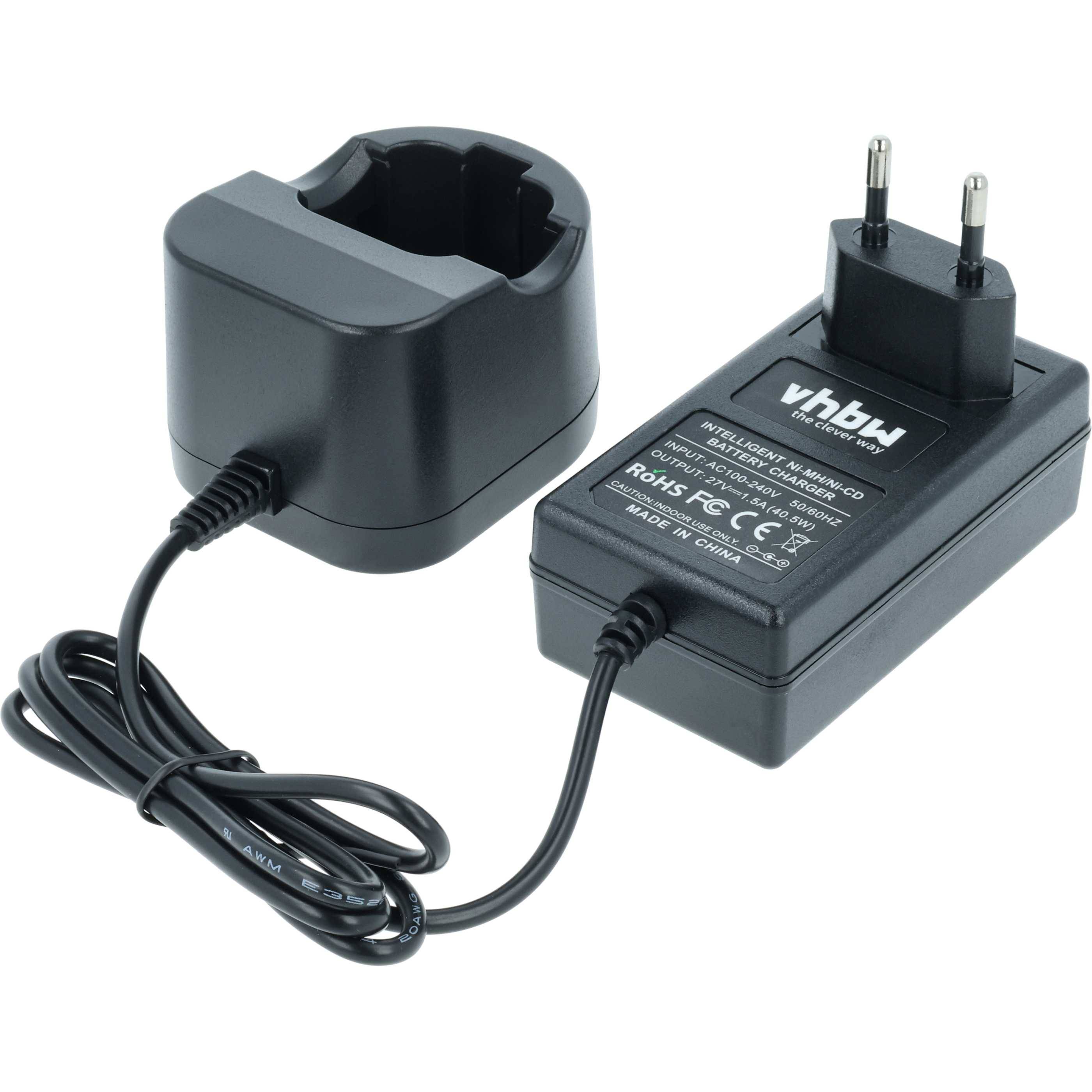 Batterieladegerät mit europäischem Stecker, kompatibel mit schnurlosen Telefonen. Kabel angebracht, gekennzeichnet mit der Marke 'vhbw' und Konformitätsinformationen.