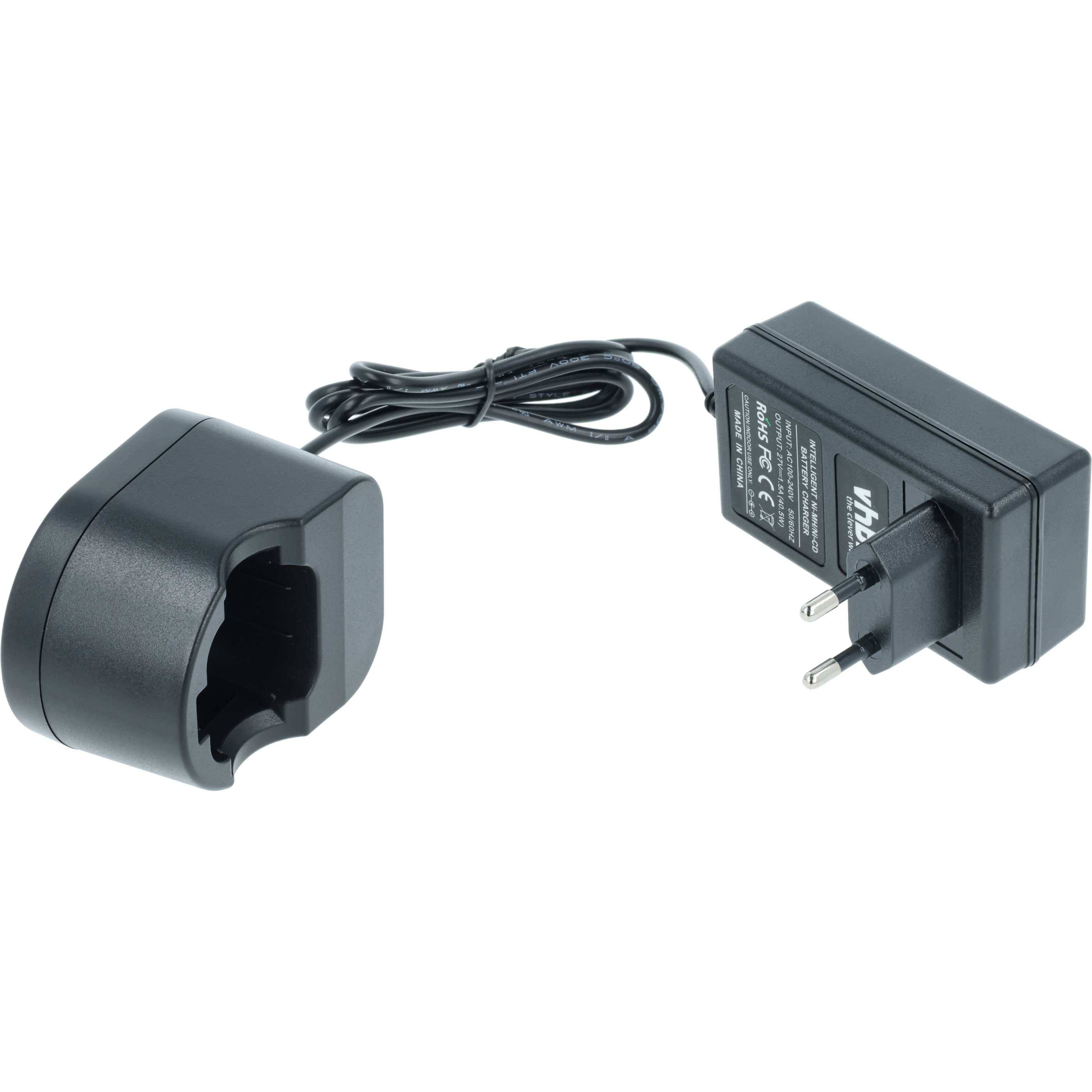 Schwarzes Batterie-Ladegerät mit europäischem Stecker und separater Ladestation.