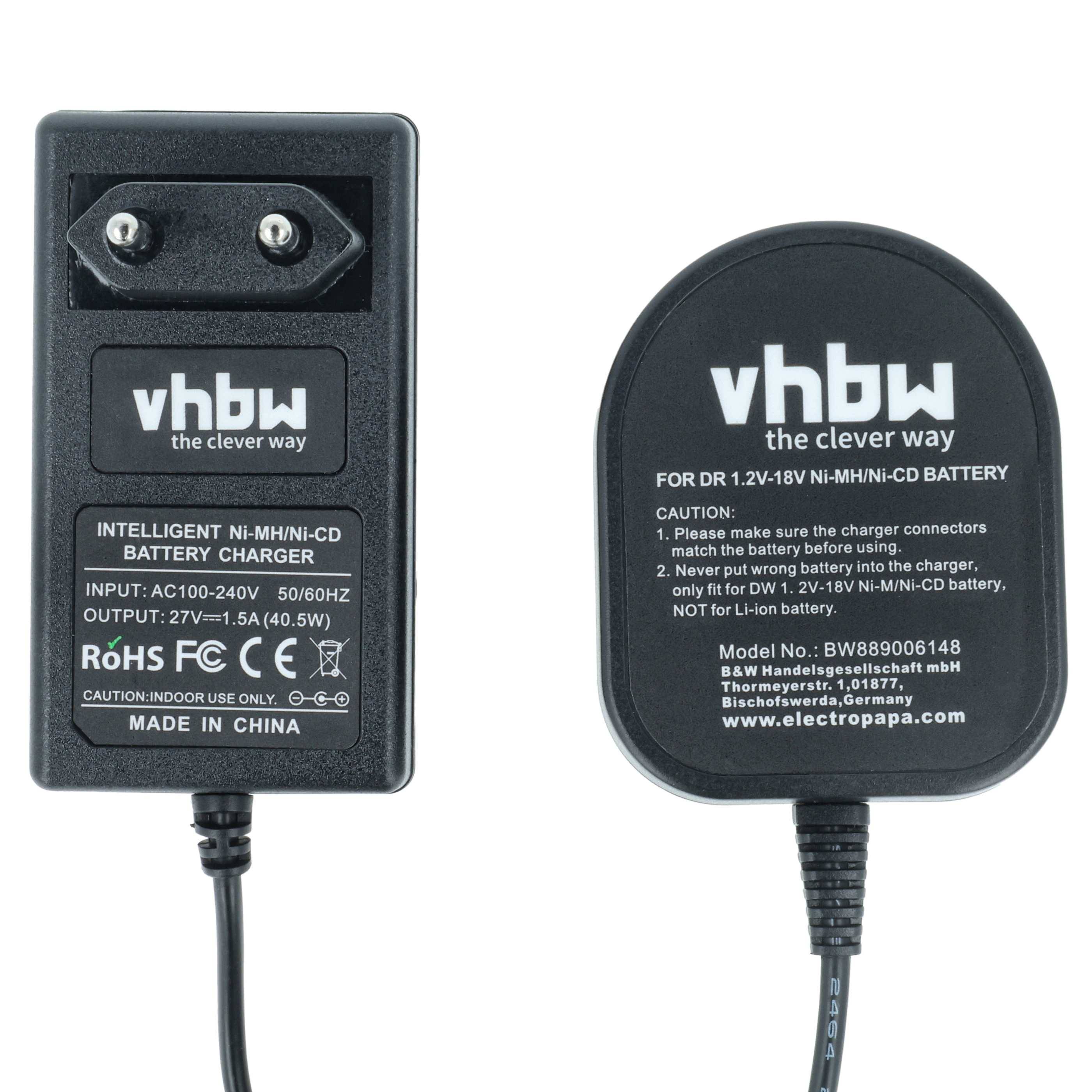 Batterie-Ladegerät mit europäischem Stecker, gekennzeichnet mit „vhbw the clever way
