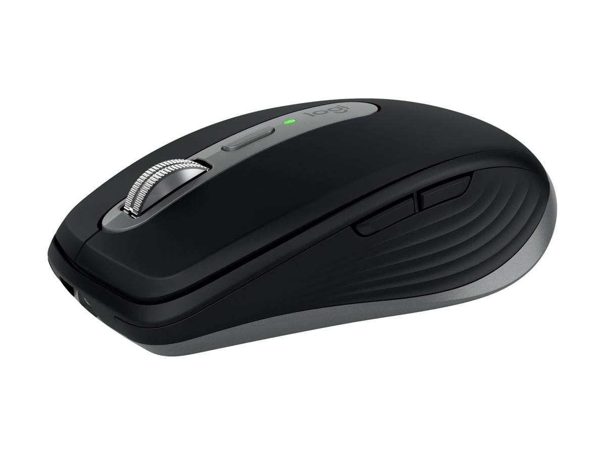 Schwarze kabellose Computermaus mit silbernem Scrollrad und Seitentasten, mit LED-Anzeige oben.