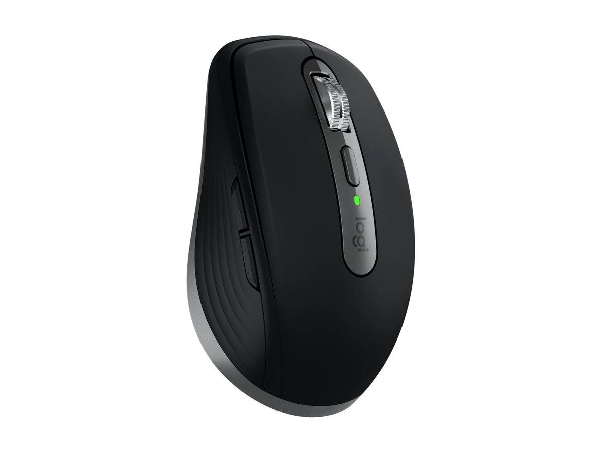 Eine schwarze kabellose Computermaus mit einem Scrollrad, einer Daumenablage und einer kleinen grünen Anzeigeleuchte oben.