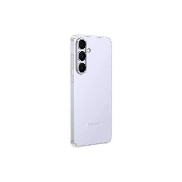 Rückansicht eines lavandelfarbenen Samsung-Smartphones mit dreifacher Rückkamera und Blitz auf weißem Hintergrund.