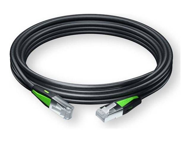 Ein aufgerolltes schwarzes Ethernet-Kabel mit grünen Akzenten ist abgebildet, das an beiden Enden mit RJ45-Steckern ausgestattet ist.