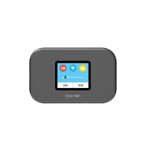 Tragbares Wi-Fi-Hotspot-Gerät mit kleinem Display, das Netzwerkstatus, Akku, Datennutzung und Uhrzeit anzeigt.