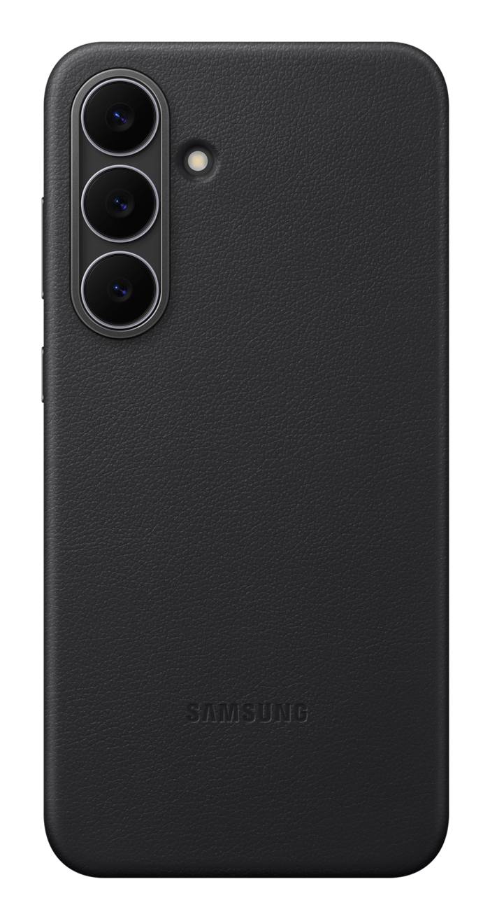 Schwarze Samsung-Handyhülle von hinten gezeigt, mit drei Kameraausschnitten und einer Blitzöffnung oben links.