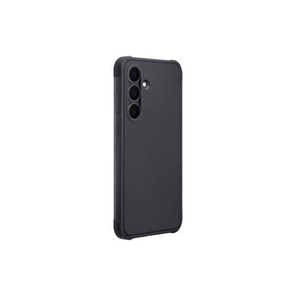 Schwarzes Smartphone in einer Schutzhülle, von hinten gezeigt mit dreifacher Rückfahrtkamera und Seitentasten.