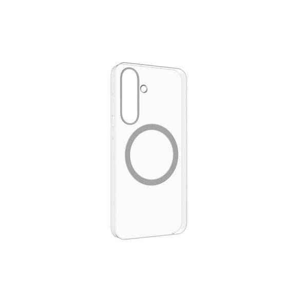 Weiße Smartphone-Hülle mit einem MagSafe-ähnlichen kreisförmigen Ring und vertikalem Kameraausschnitt auf einfachem weißem Hintergrund