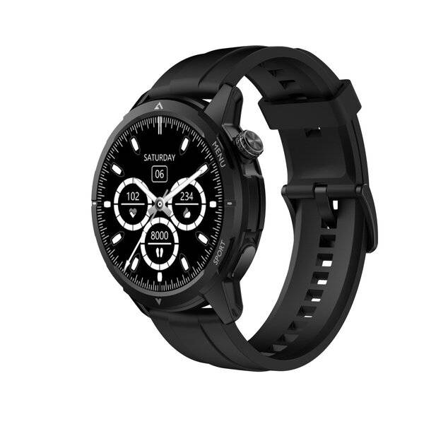 Schwarze Smartwatch mit rundem Display, das Datum und Fitness-Statistiken auf einem schwarzen Silikonarmband anzeigt.