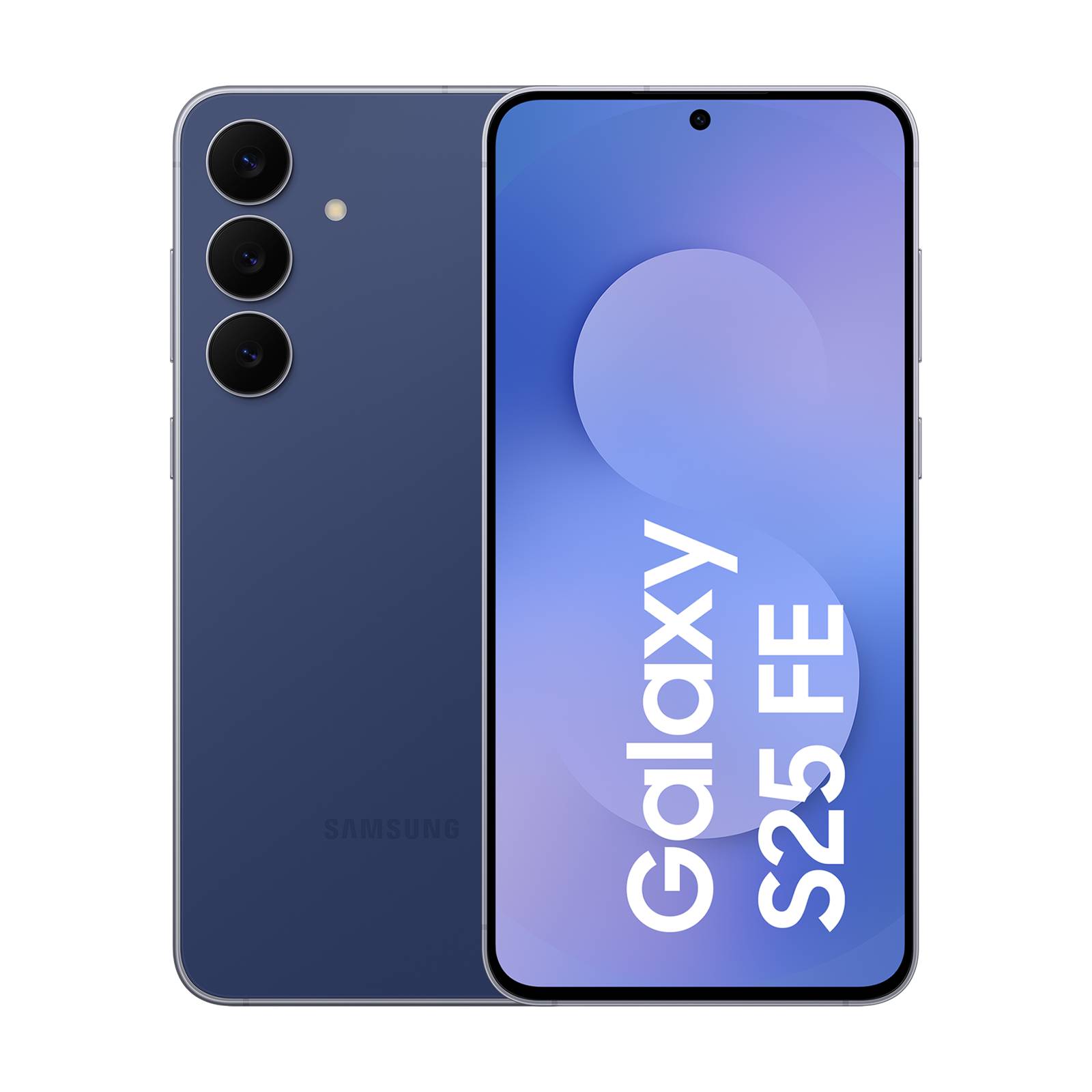 Samsung Galaxy S25 FE Smartphone von vorne und hinten in Dunkelblau dargestellt, mit dreifacher Rückkamera und Text 