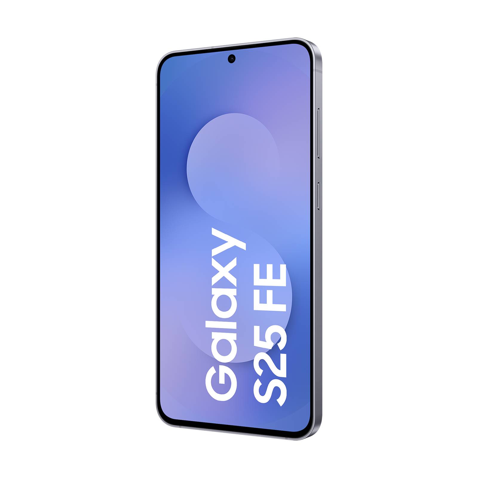 Samsung Galaxy S25 FE Smartphone aufrecht auf einem blauen Bildschirm mit dem Text „Galaxy S25 FE