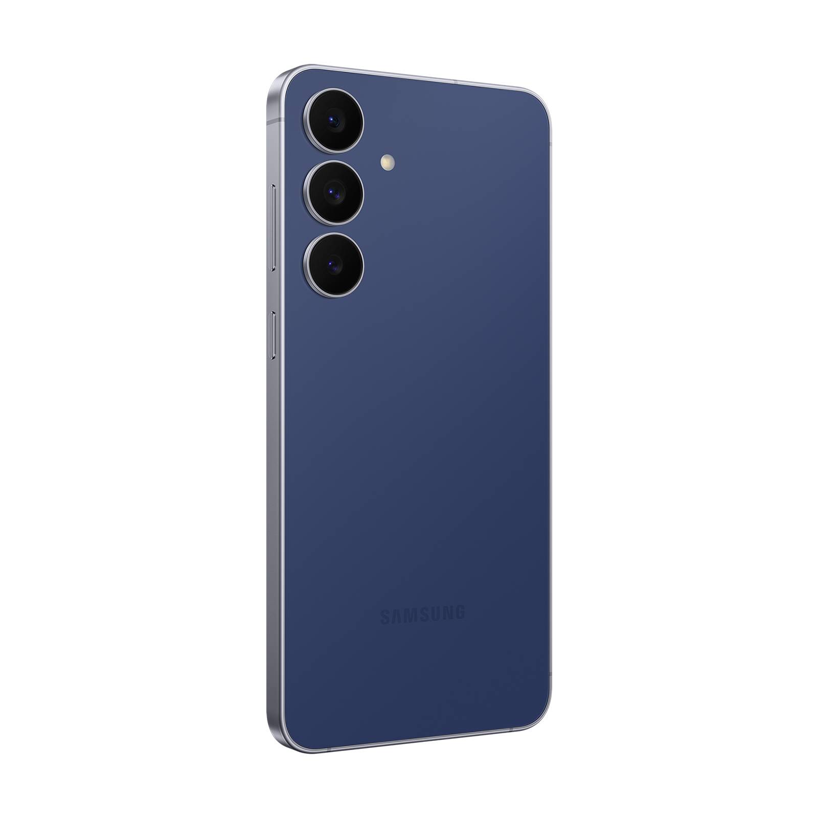 Blaues Samsung-Smartphone von hinten gezeigt, mit drei rückseitigen Kameras und einem Blitz auf einfachem schwarzem Hintergrund.